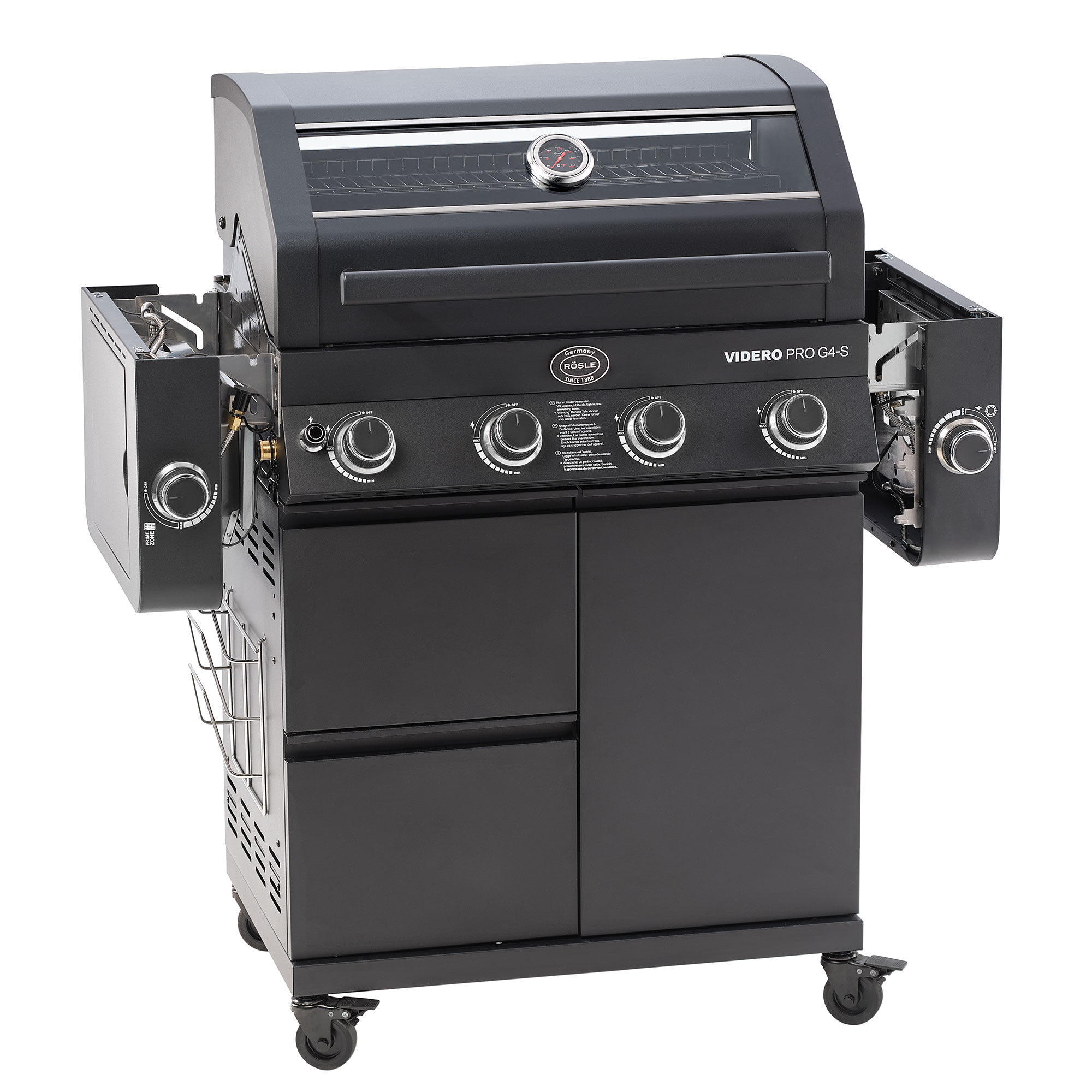 RÖSLE Gasgrill Videro G4-S PRO Gasgrill Videro G4-S PRO in Schwarz mit vier Brennern, Thermometer und seitlichen Ablageflächen.