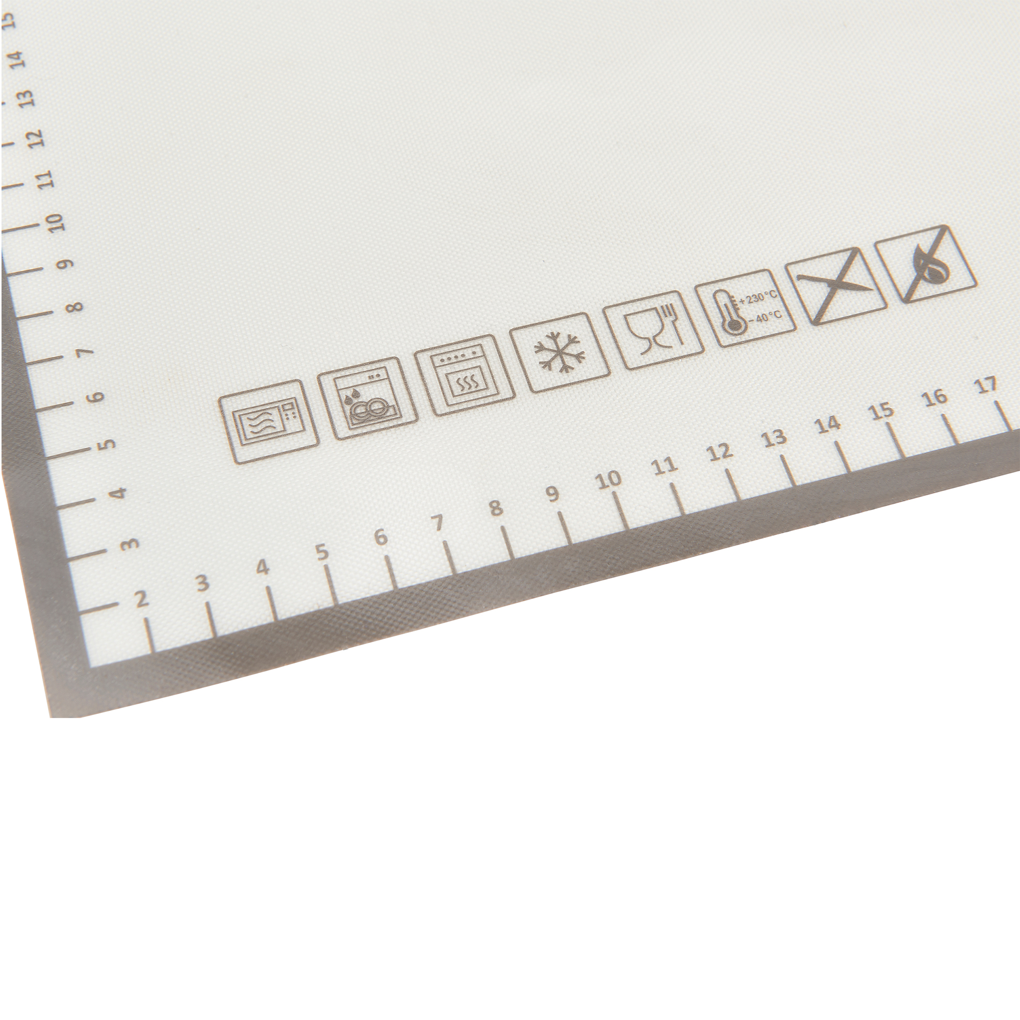 RÖSLE Silikon-Backmatte Silikon-Back- und Arbeitsmatte mit Maßangaben und Symbolen für verschiedene Anwendungen