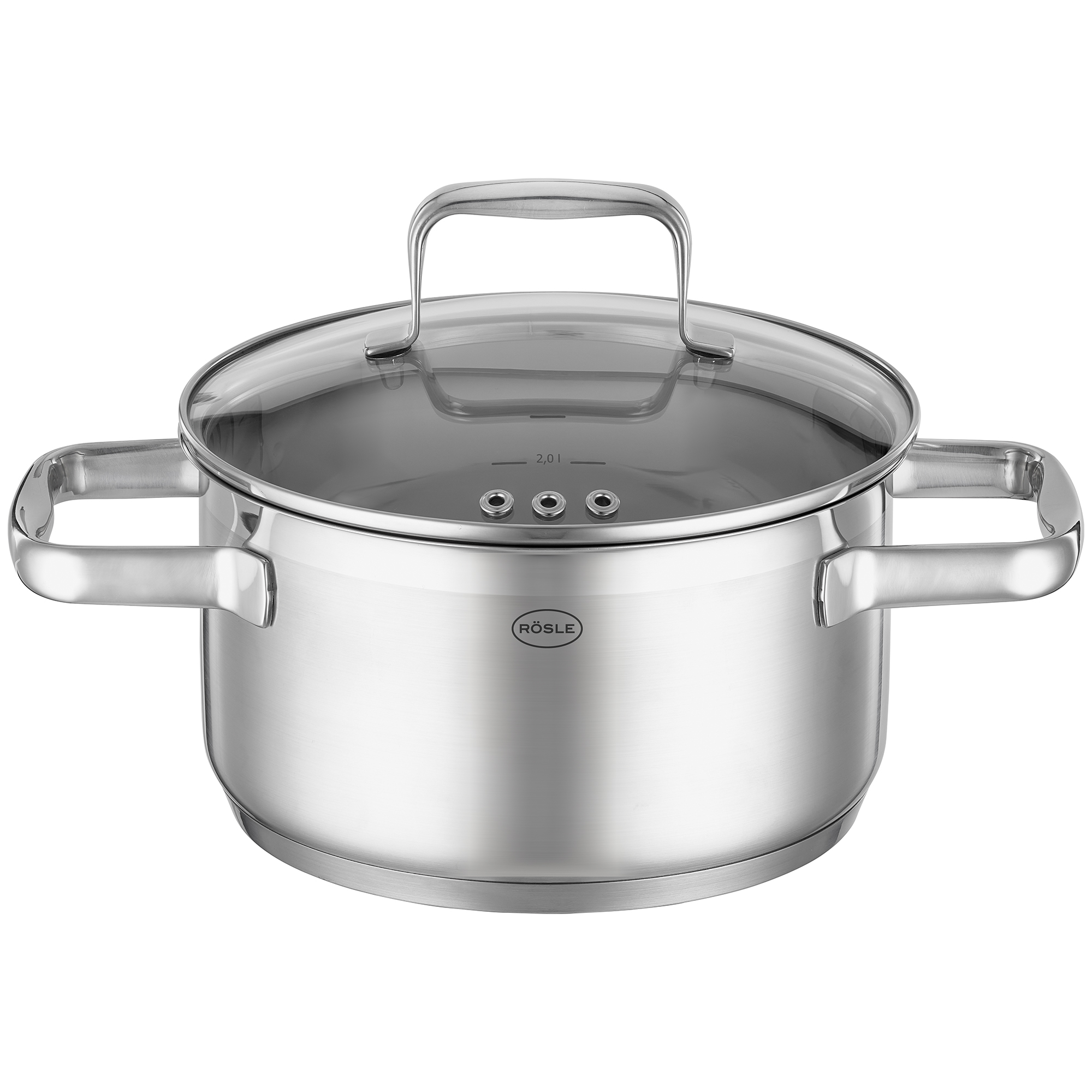 RÖSLE stainless steel saucepan with glass lid Cooking pot, 20 cm, made of stainless steel, with glass lid and two handles.