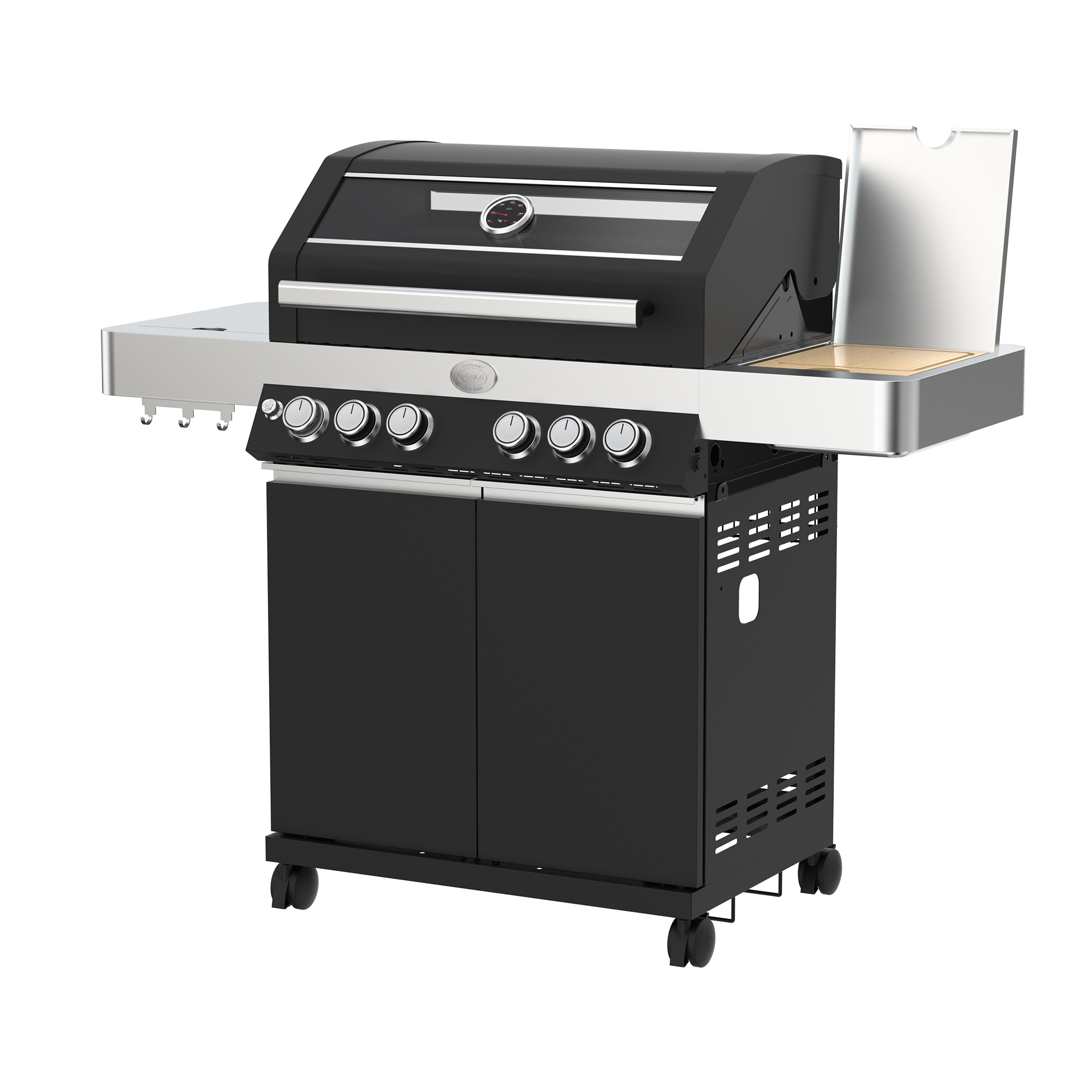 RÖSLE BBQ-Station VIDERO G4-SB Vario+ 50mbar BBQ-Station VIDERO G4-SB Vario+ Vorderansicht, Deckel geschlossen, Seitentisch Abdeckung offen