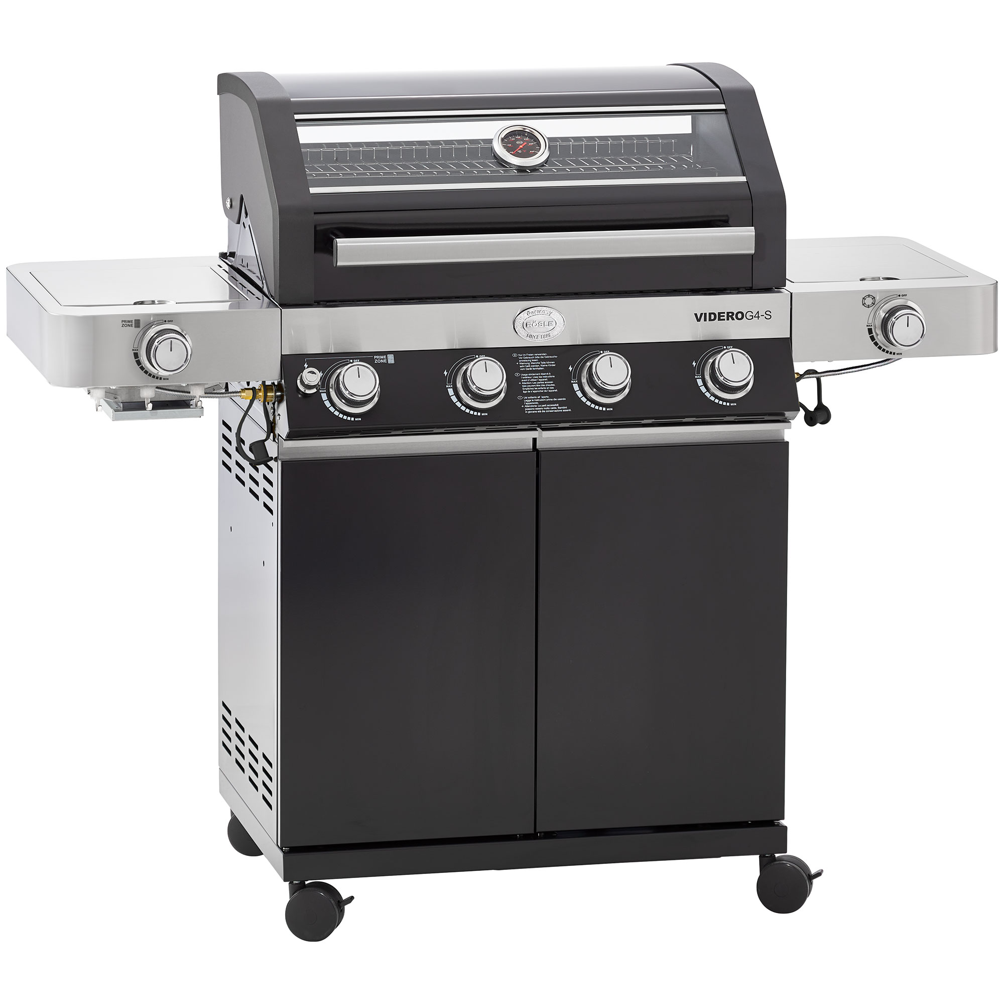 RÖSLE Videro G4-S gas barbecue Videro G4-S gas barbecue in black with two side shelves and four controls.