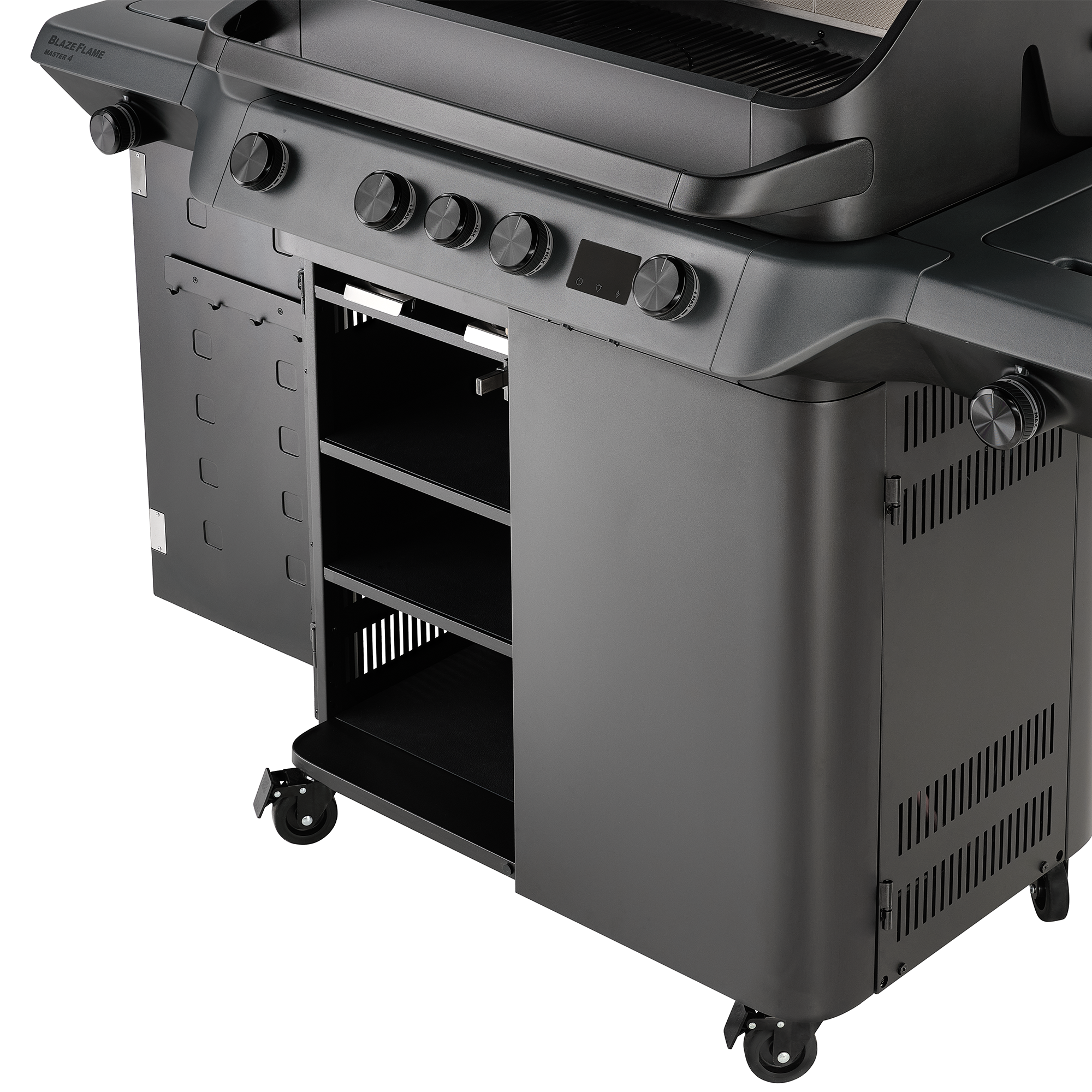 Blazeflame Master 4 Gasgrill in Schwarz mit vier Brennern und Ablageflächen.