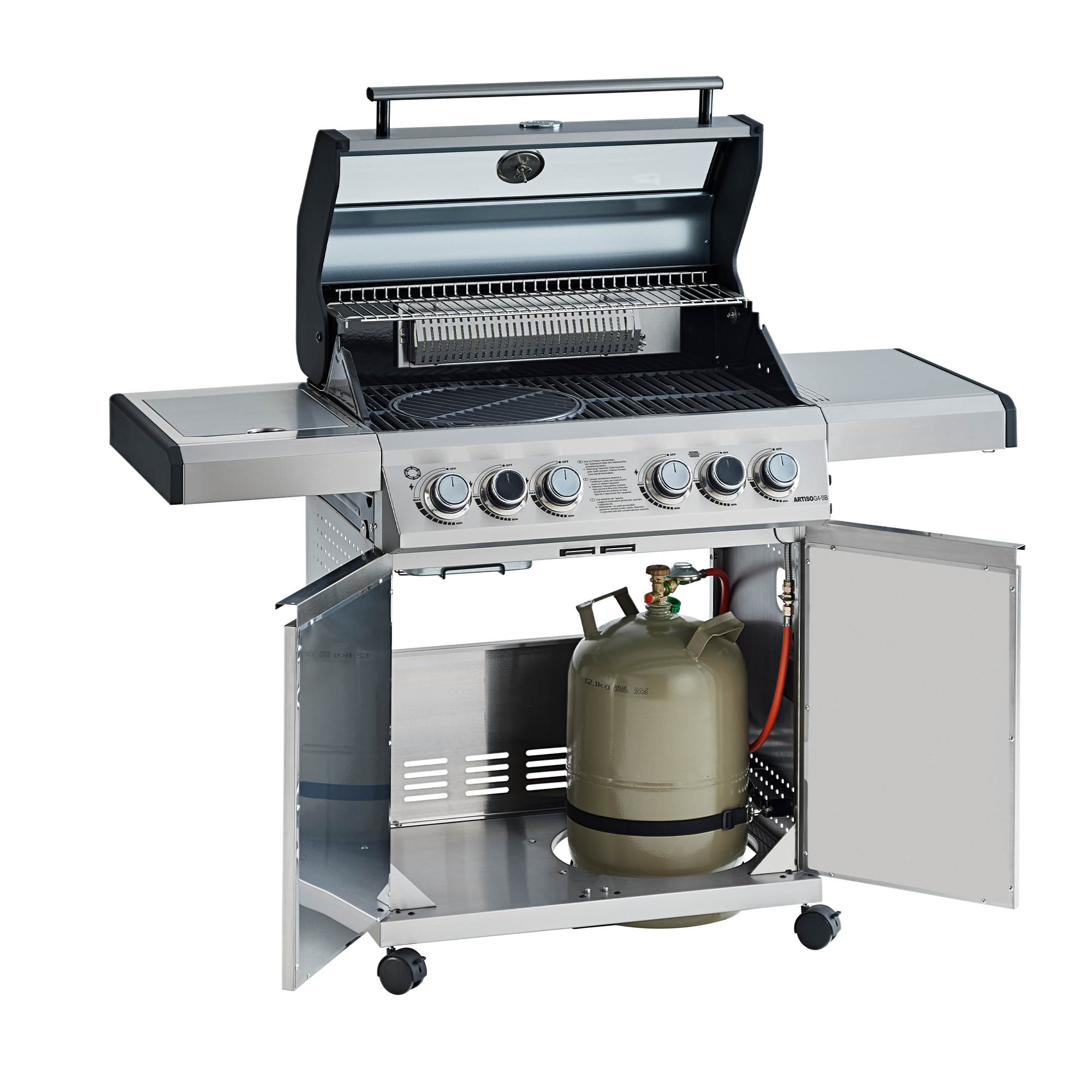 RÖSLE Gasgrill Artiso G4-SB aus Edelstahl Gasgrill BBQ Station Artiso G4-SB aus Edelstahl mit fünf Brennern und Gasflasche im Unterschrank.