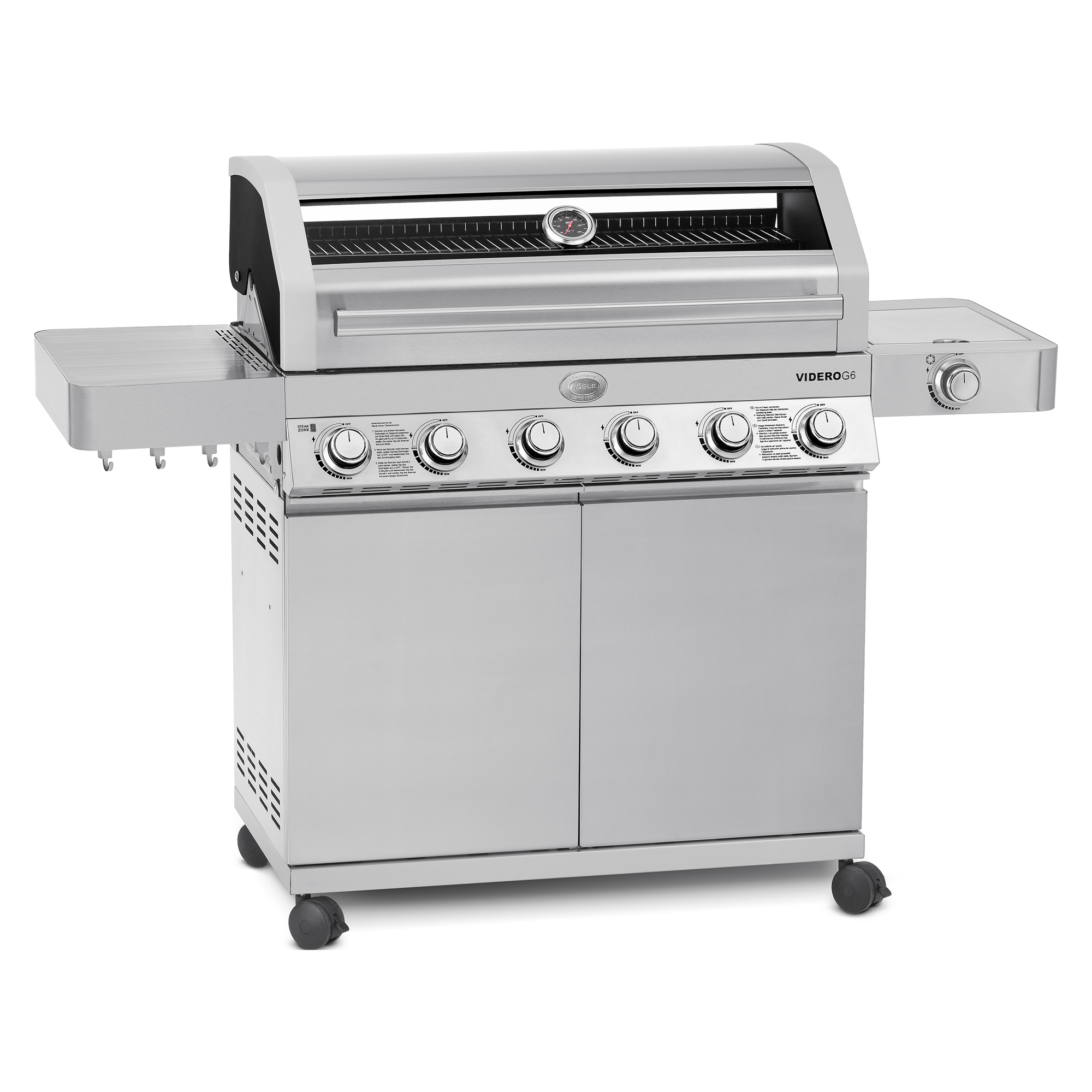 RÖSLE Videro G6 Gasgrill aus Edelstahl Gasgrill Videro G6 aus Edelstahl mit fünf Brennern, Grillfläche und seitlichem Tisch.