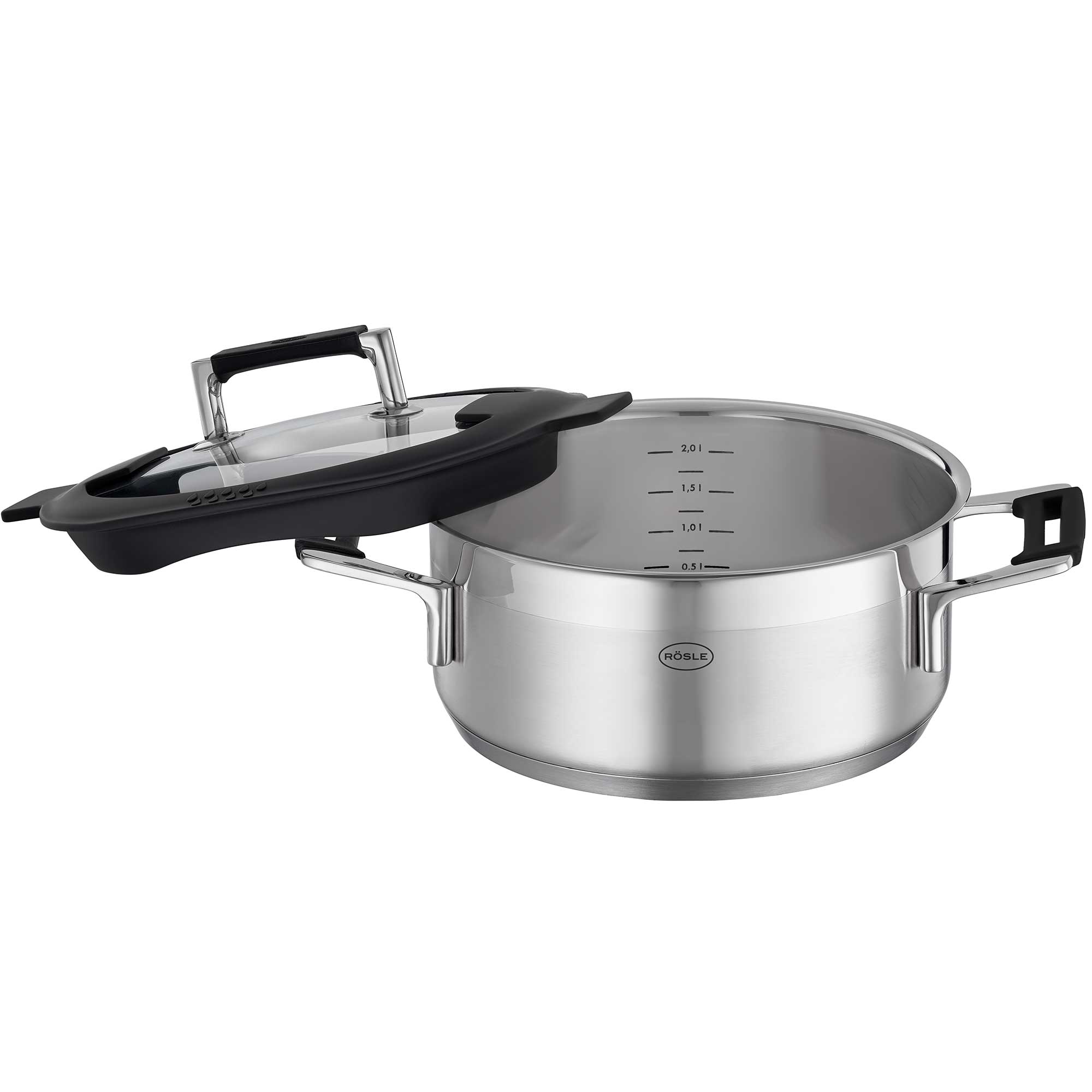 RÖSLE Bratentopf Silence PRO Bratentopf Silence PRO, 20 cm, aus Edelstahl mit Glasdeckel und Messskala im Inneren.