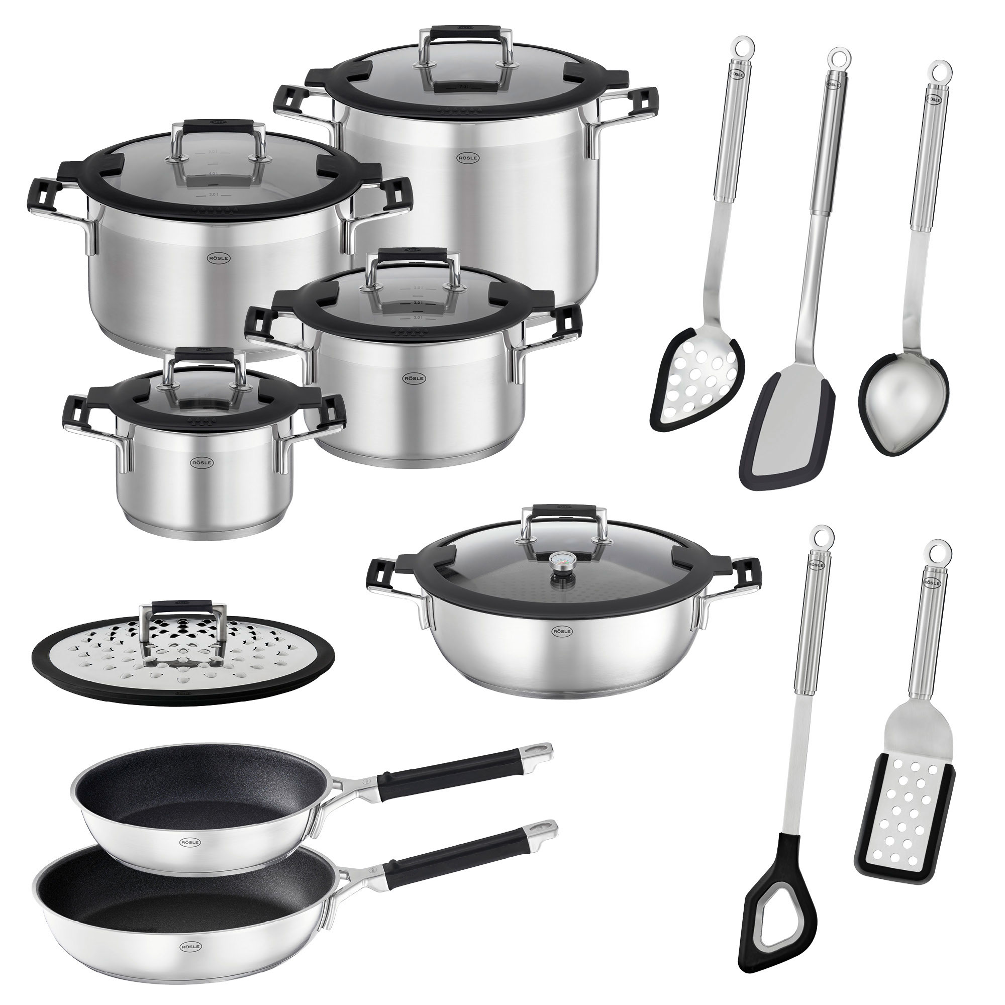 RÖSLE Profi Set Silence Profi Set Silence, bestehend aus mehreren Edelstahl-Töpfen mit Deckeln, Pfannen und Küchenutensilien.