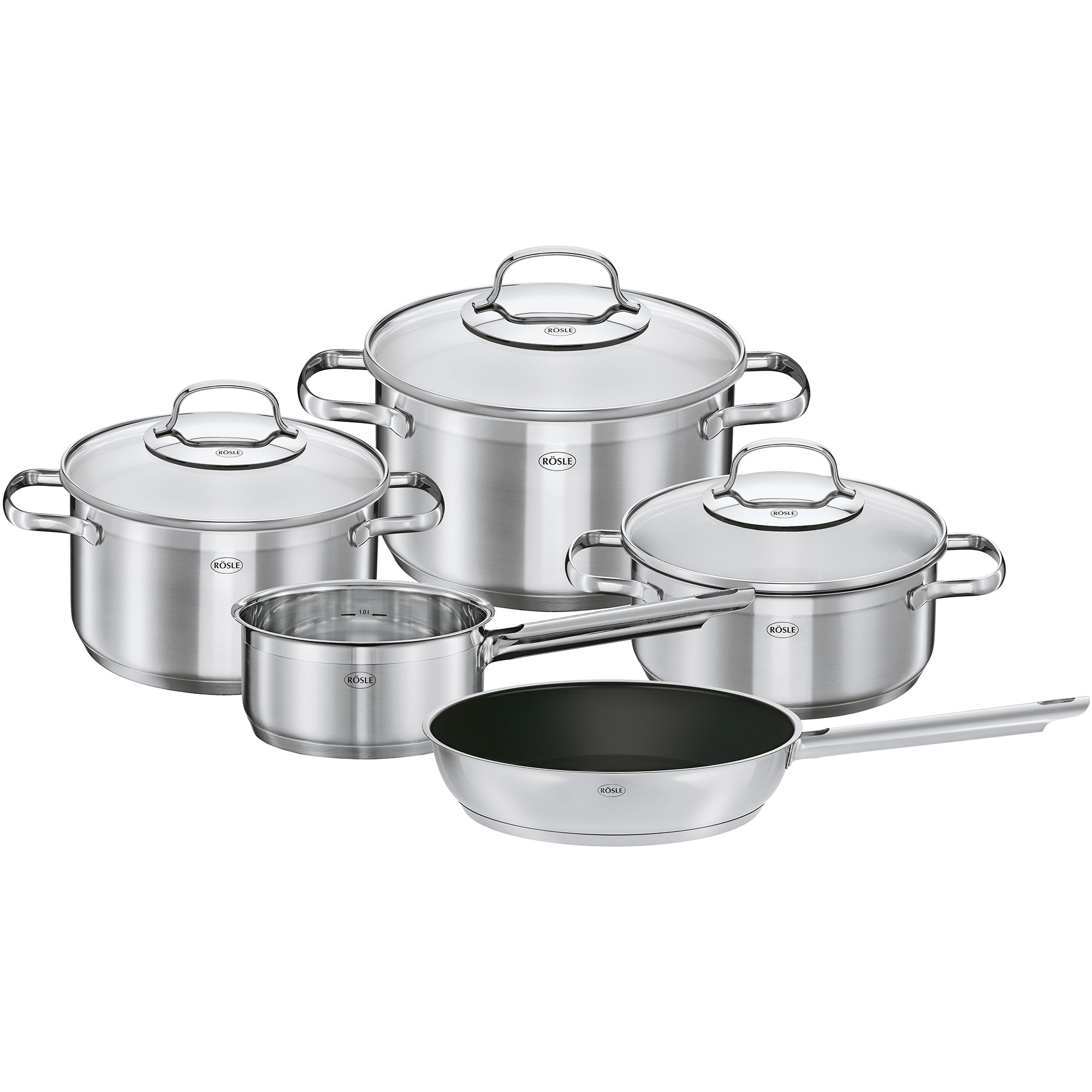 Starter-Set Elegance, bestehend aus vier Töpfen und einer Pfanne aus Edelstahl mit Deckeln.