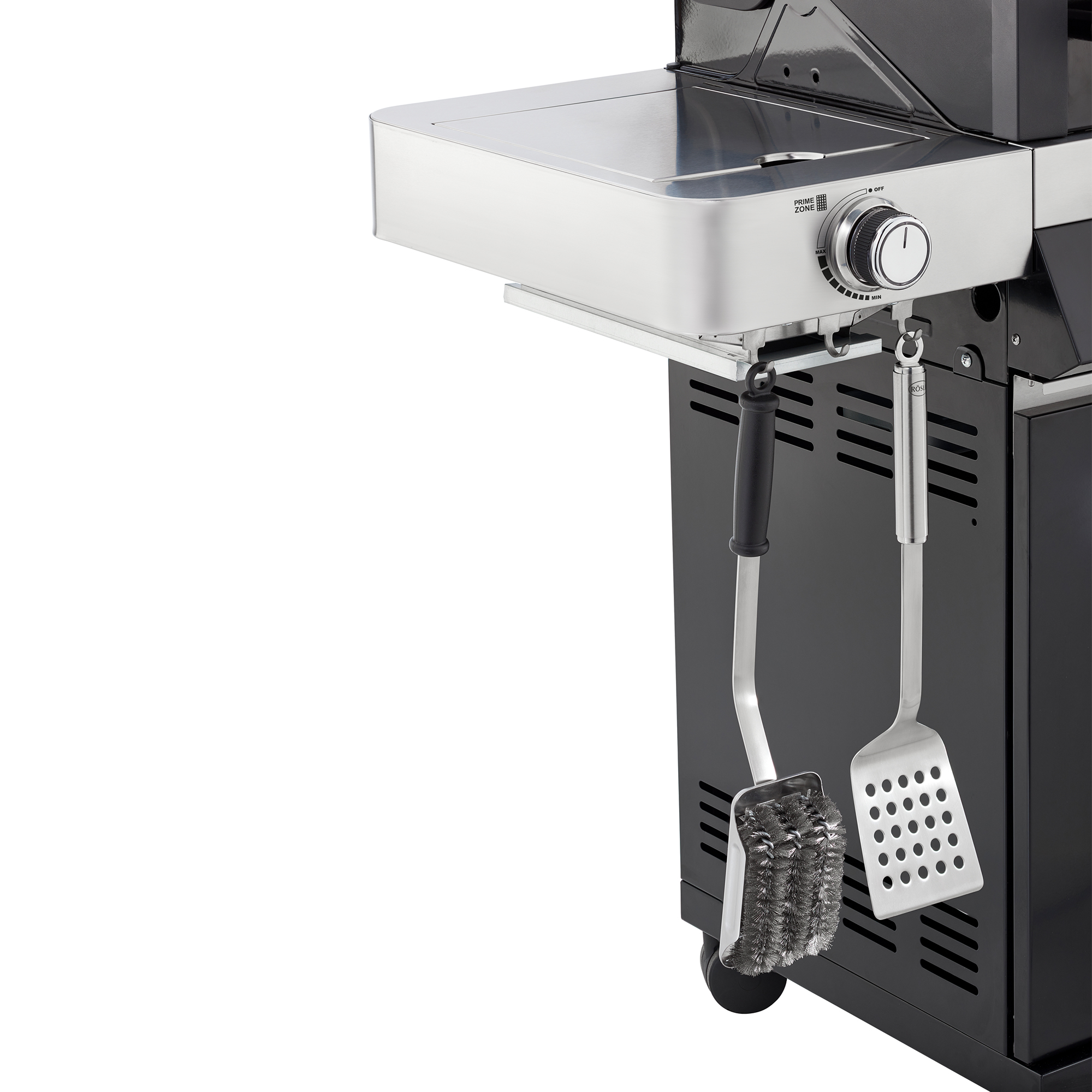 BBQ-Station VIDERO G4-SB Vario+ Detail Haken mit Stahlbürste und Pfannenwender