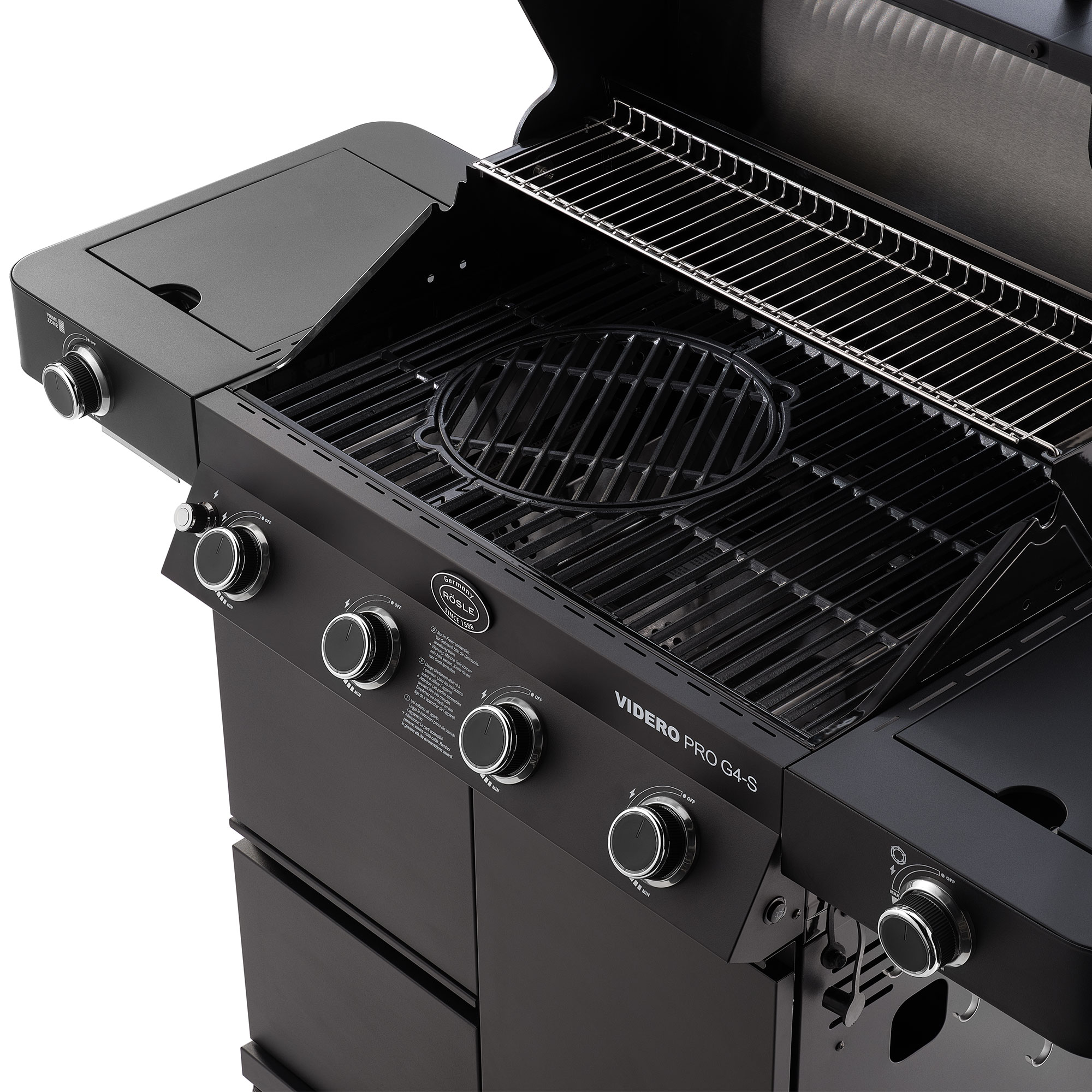 RÖSLE Gasgrill Videro G4-S PRO Gasgrill Videro G4-S PRO mit Grillrost, vier Reglern und seitlichem Ablagetisch.