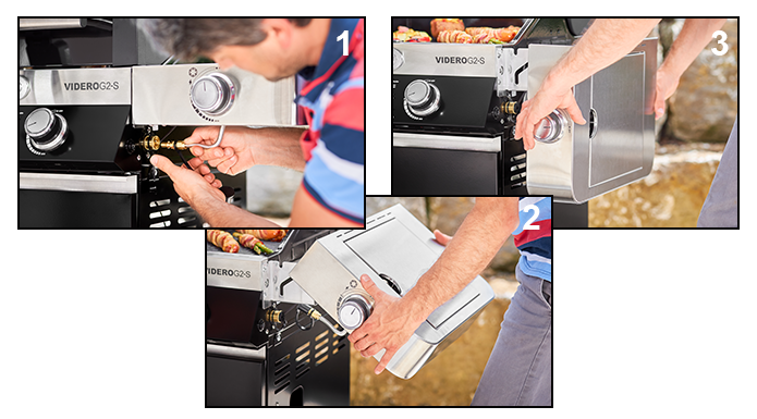 Abklappbare Seitentische Drei Bilder, die zeigen wie sich das Seitenteil des Grills abklappen lassen.