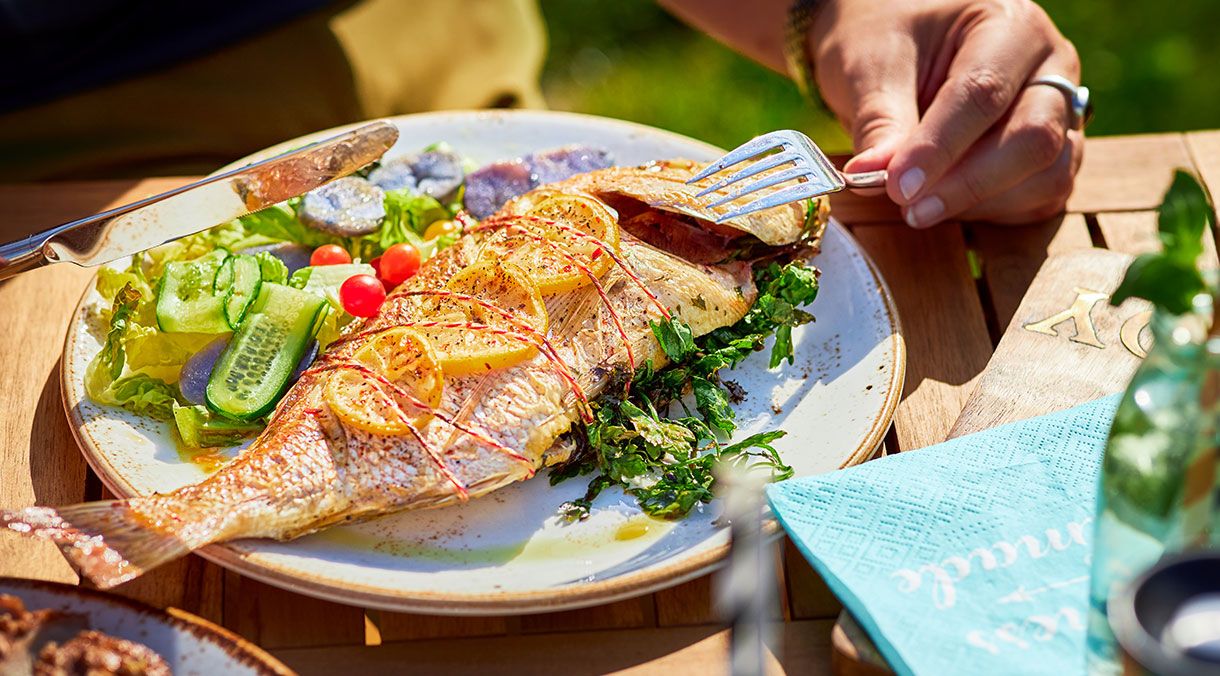 Fisch Gebratener Fisch mit Salat angerichtet auf einem Teller
