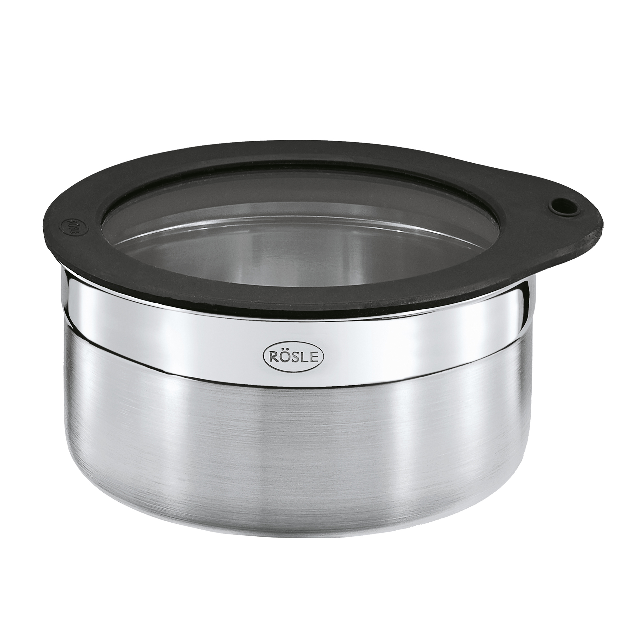 RÖSLE Frischhaltedose mit Deckel Frischhaltedose aus Edelstahl mit schwarzem Deckel, 12 cm Durchmesser, 6 cm Höhe.
