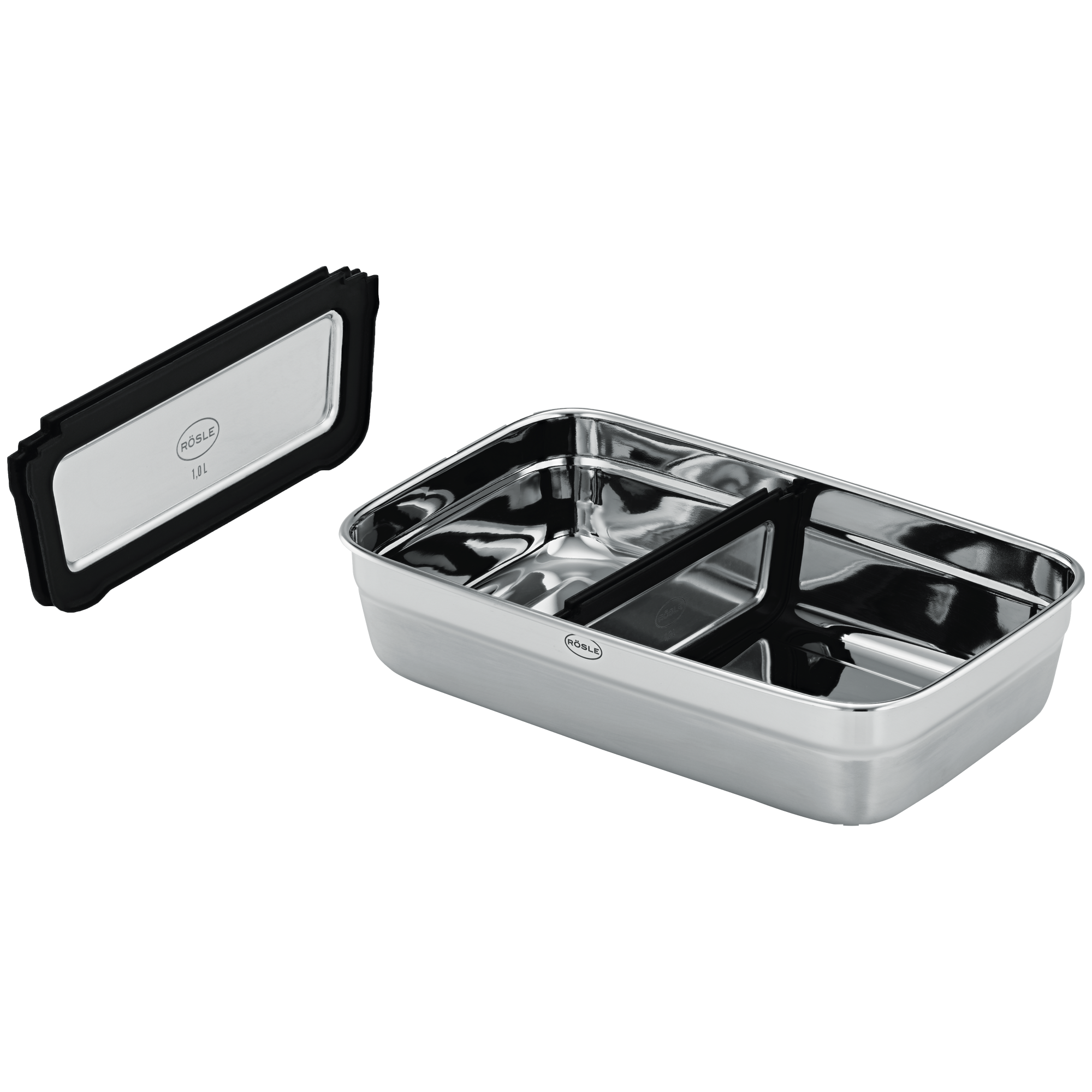 RÖSLE Flexx2go Trennsteg 1l Trennsteg für Flexx2go 1l, Edelstahl, rechteckig, mit zwei Fächern und abnehmbarem Deckel.