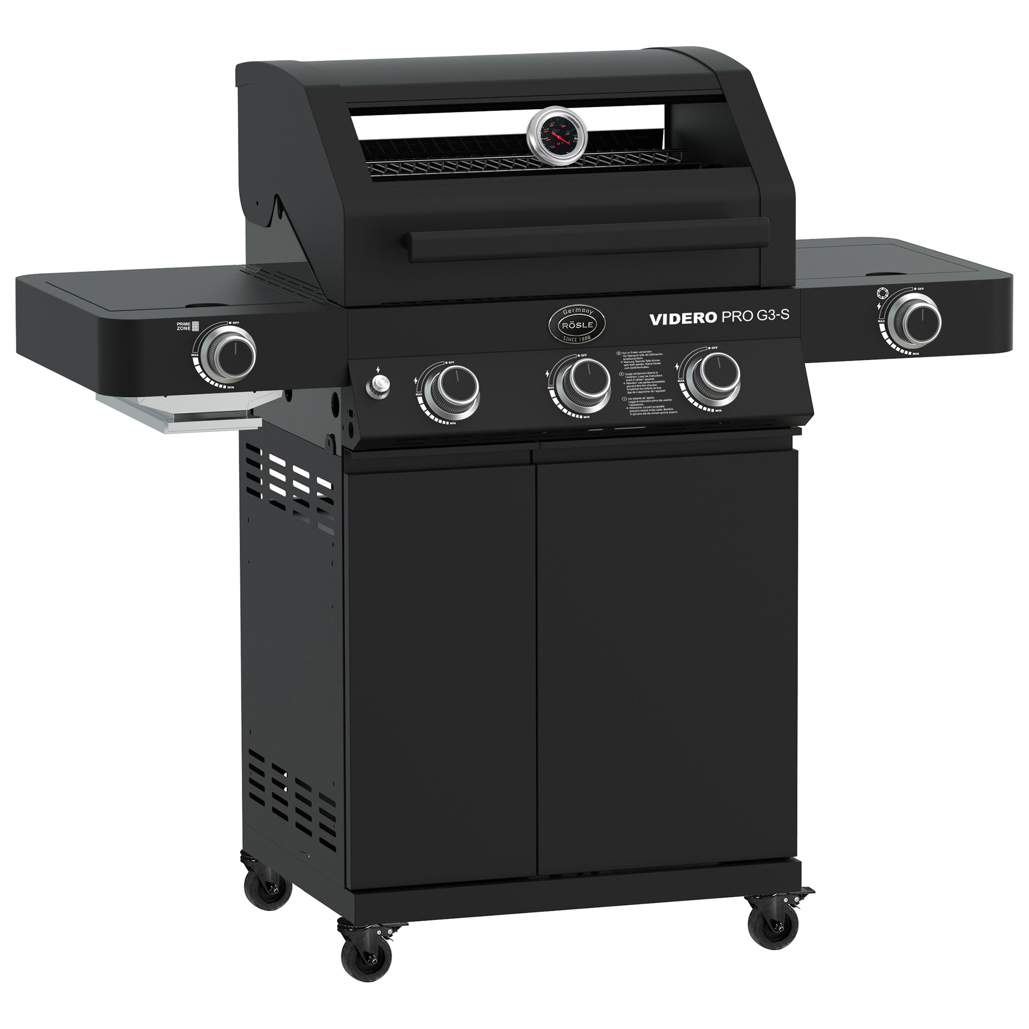 RÖSLE Gasgrill Videro PRO G3-S Gasgrill Videro PRO G3-S, schwarz, mit zwei Seitentischen und Temperaturanzeige.