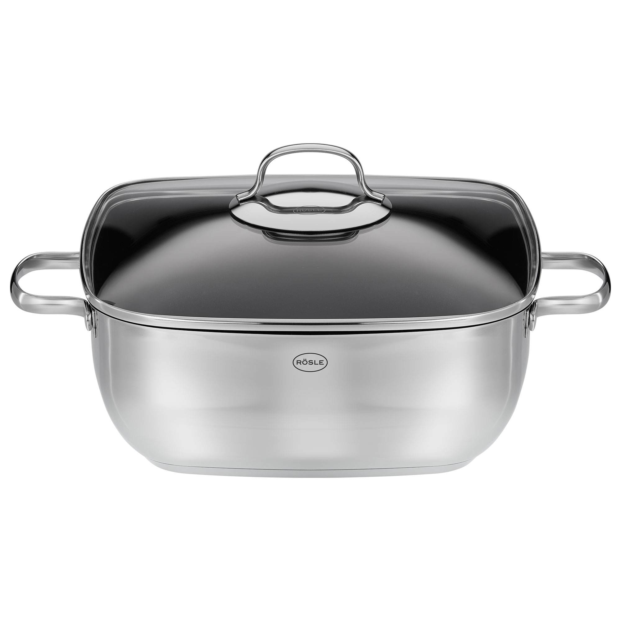 Schmorkasserolle aus Edelstahl mit Glasdeckel, rechteckige Form, zwei Griffe