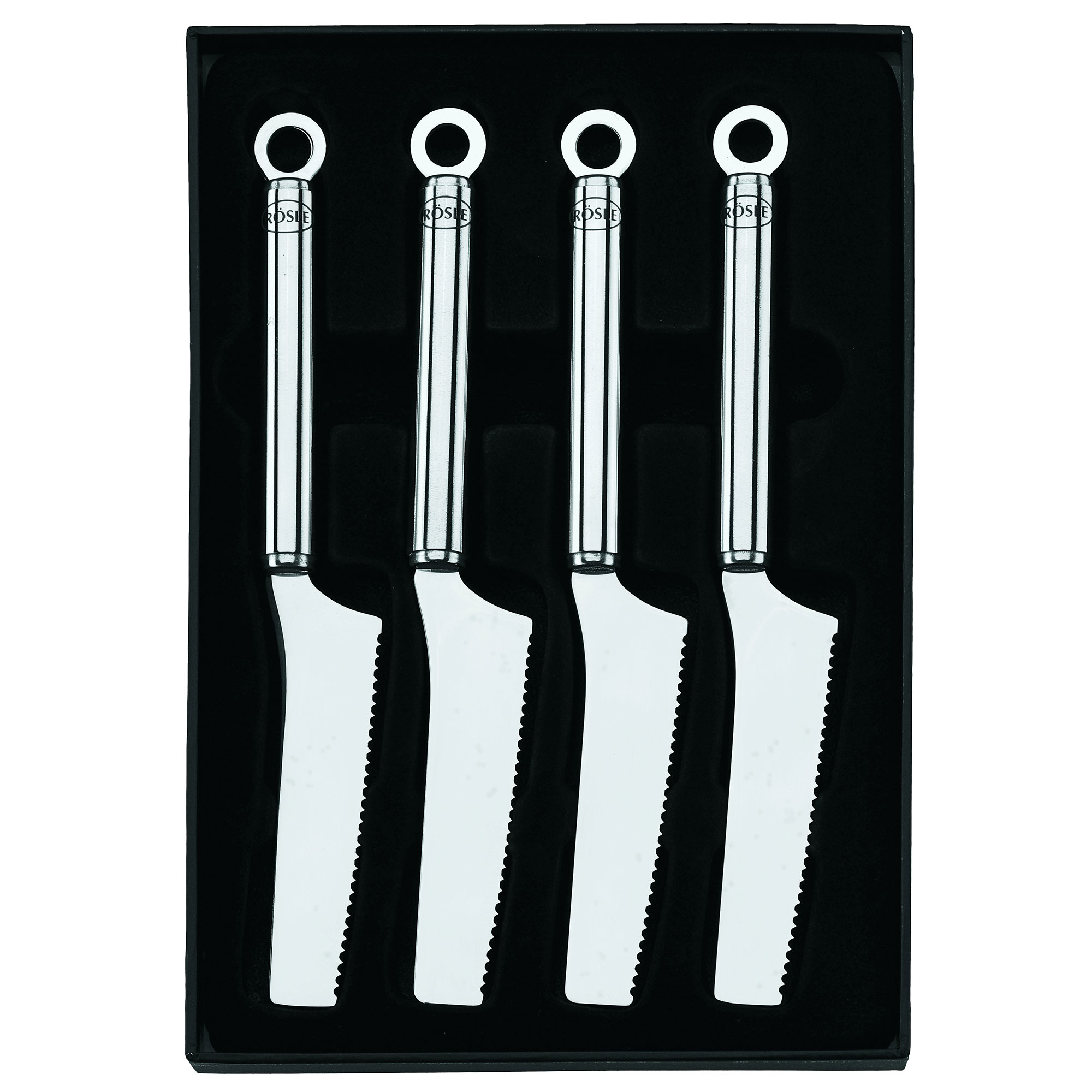 RÖSLE Frühstücksmesser Set Frühstücksmesser Set, 4-teilig, mit gezackter Klinge und Edelstahlgriff, in schwarzer Verpackung.