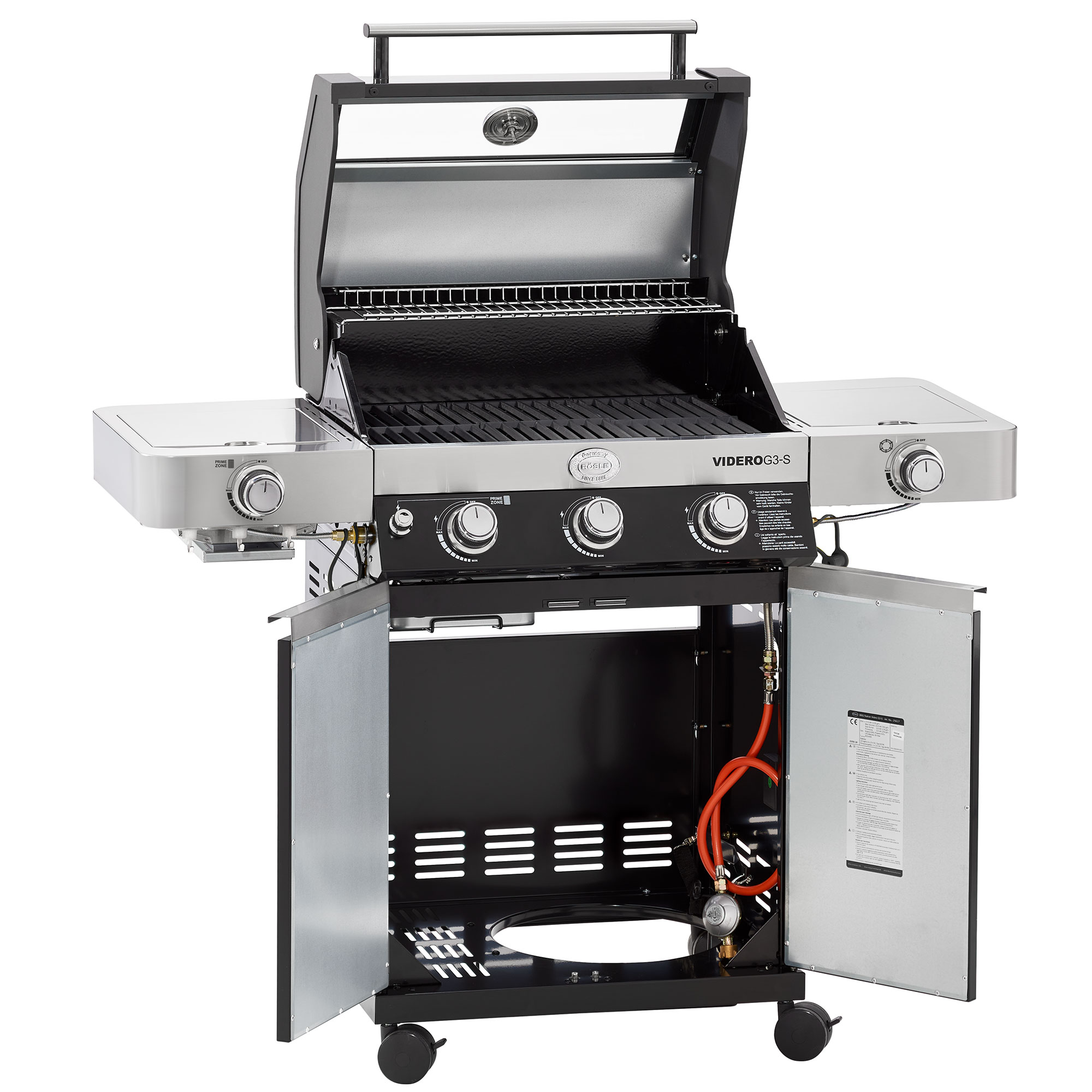 RÖSLE Gasgrill Videro G3-S Gasgrill Videro G3-S mit zwei seitlichen Ablageflächen, drei Brennern und geschlossenem Unterschrank.