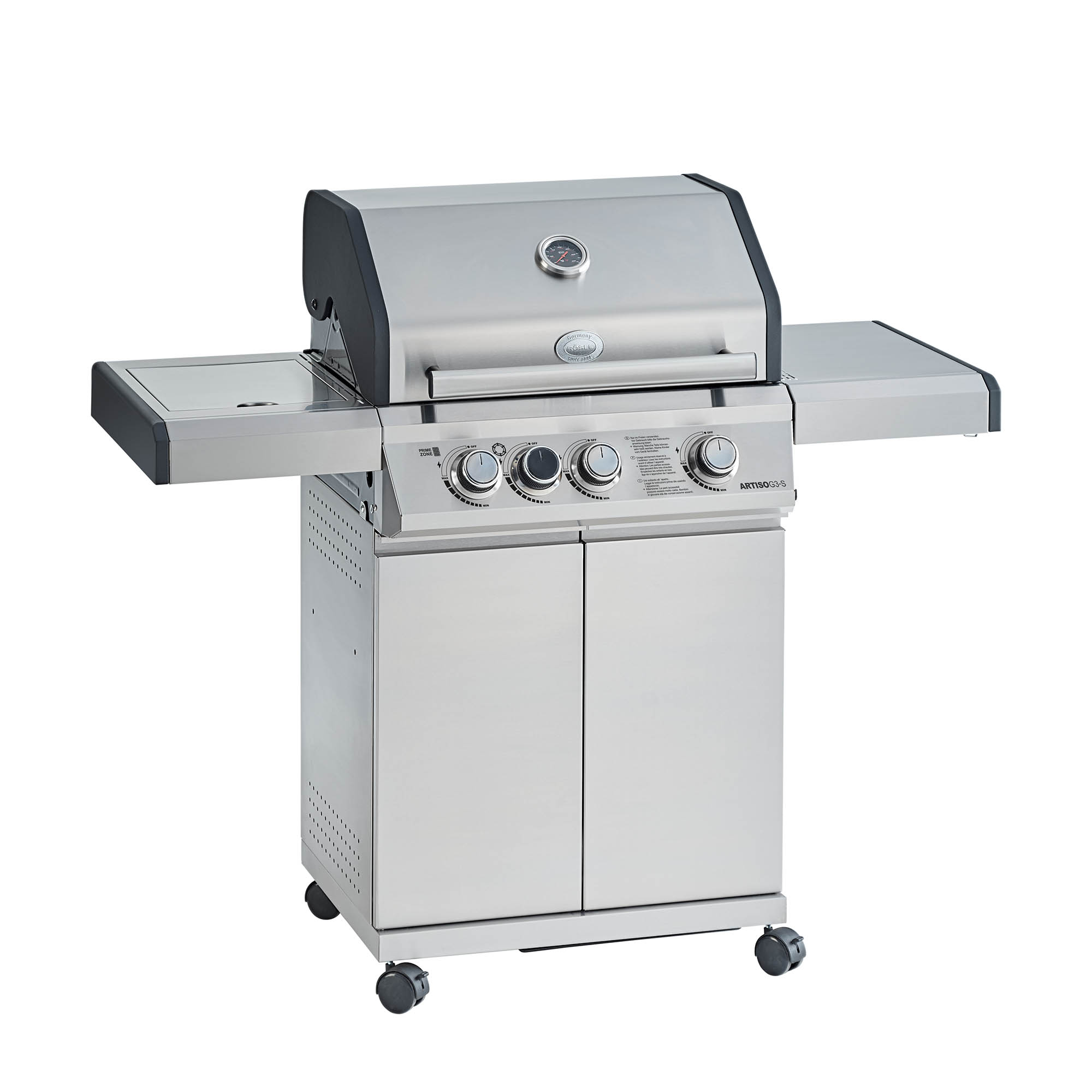 Gasgrill BBQ Station Artiso G3-S aus Edelstahl mit drei Brennern und zwei seitlichen Ablageflächen.