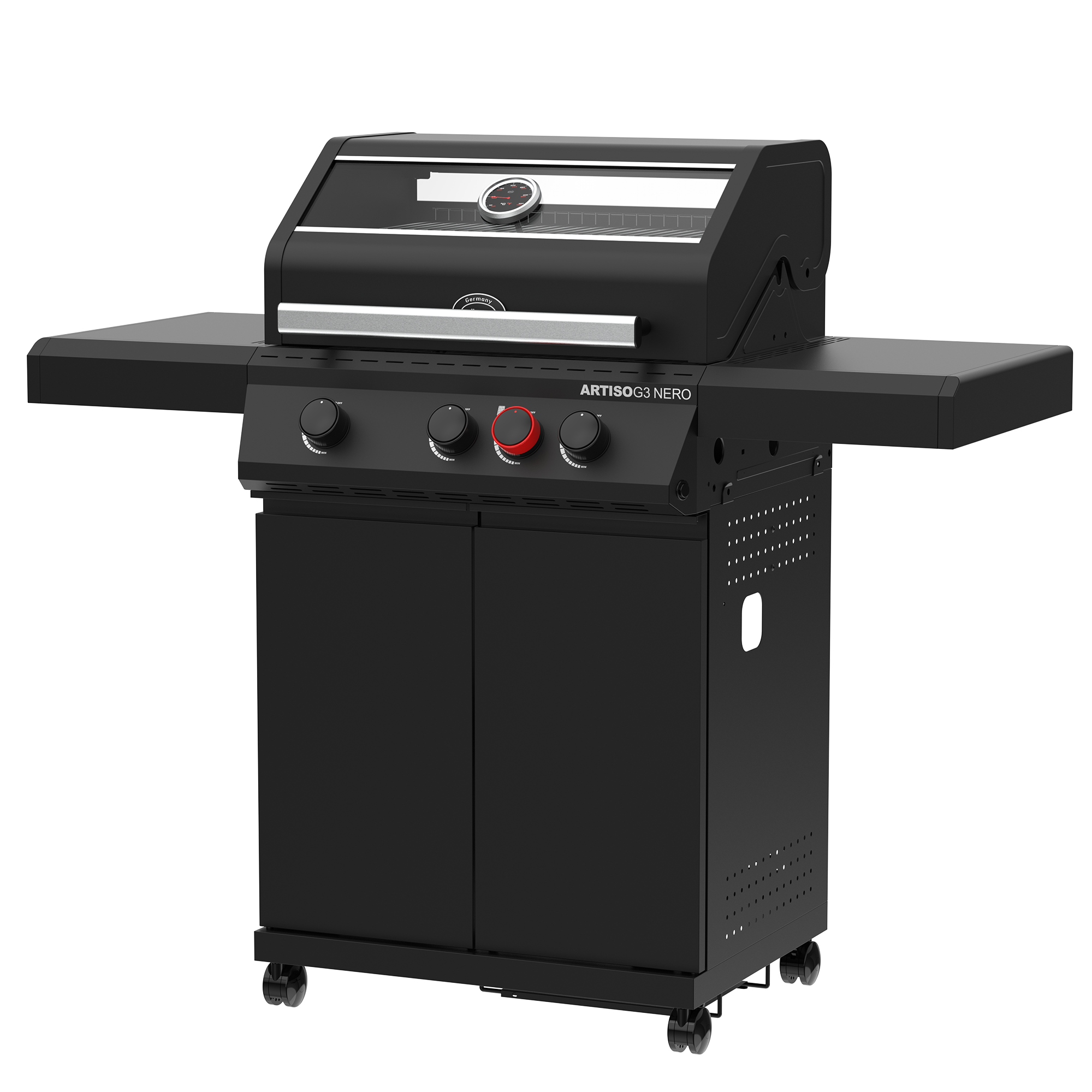 RÖSLE Artiso G3 Nero Gasgrill Artiso G3 Nero Gasgrill, schwarz, mit zwei Seitentischen und drei Brennern.