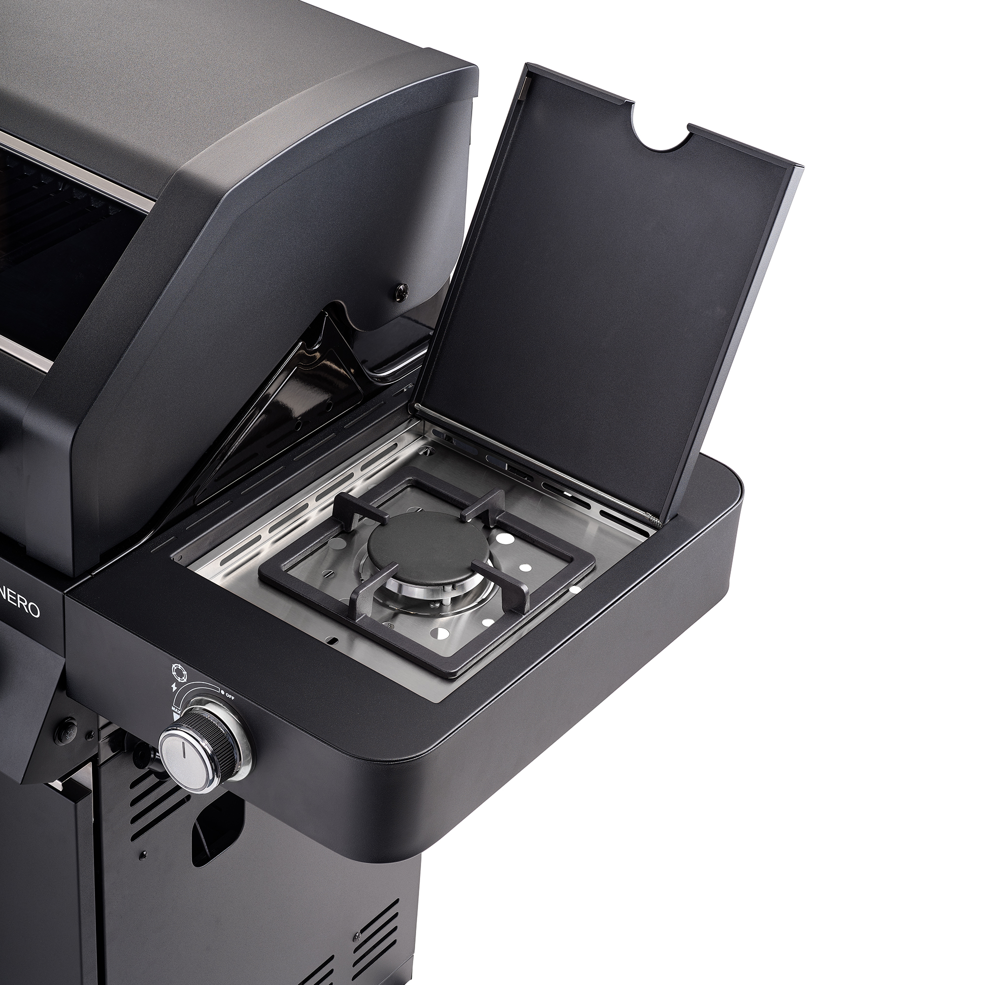 RÖSLE Gasgrill Videro G4-S Vario Gasgrill BBQ Station Videro G4-S Vario in Schwarz mit geöffnetem Seitenbrenner.