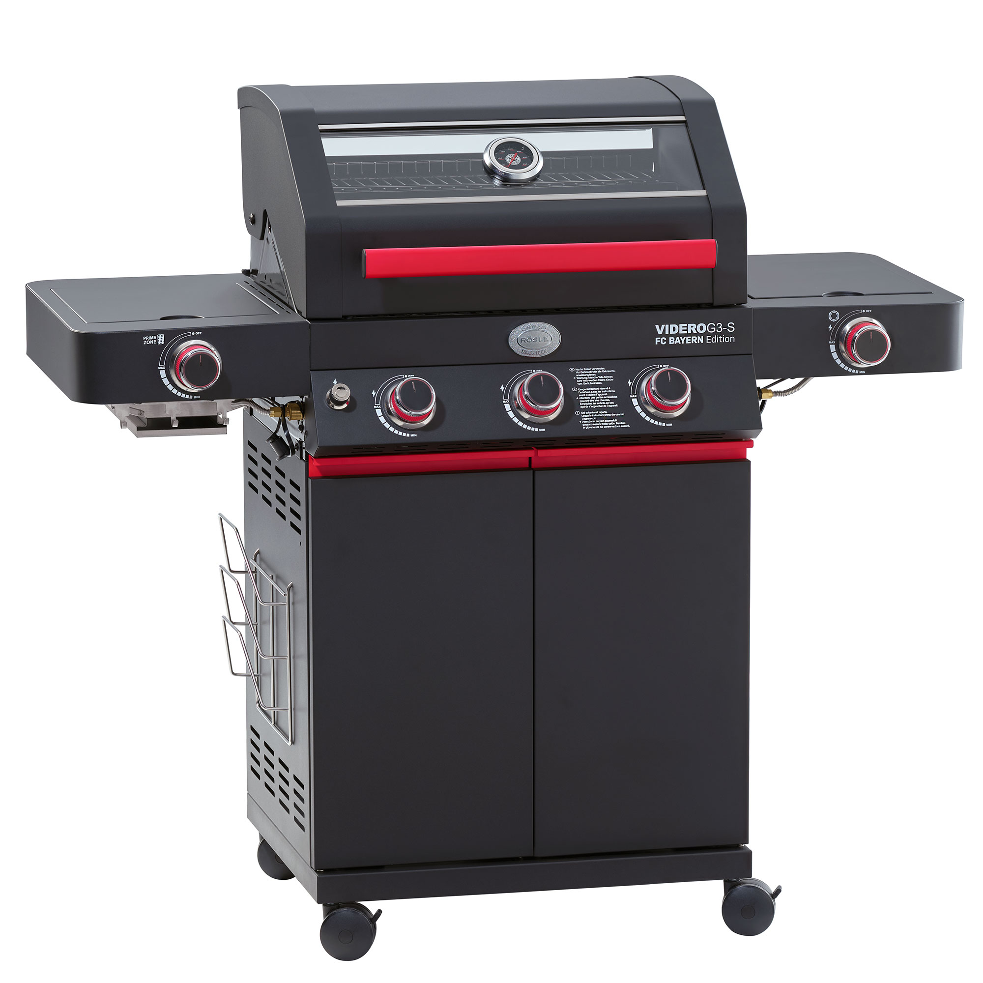 RÖSLE Gasgrill Videro G3-S FC Bayern Edition Gasgrill Videro G3-S in Schwarz mit roten Akzenten, drei Brennern und seitlichen Ablageflächen.