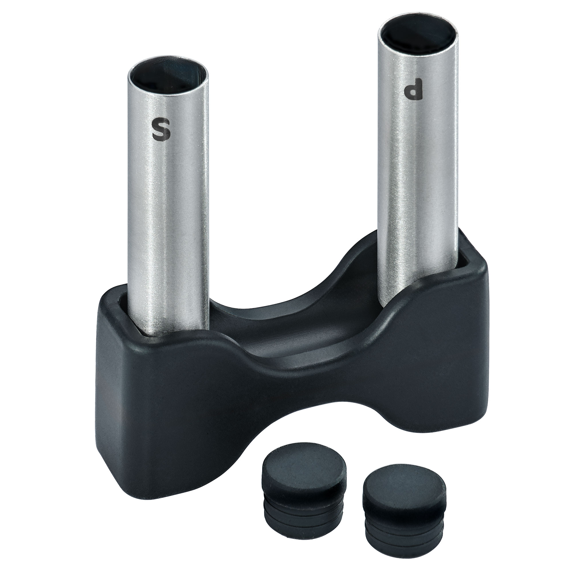 Salz- und Pfeffer-Set Flexx2go aus Edelstahl mit schwarzem Halter.