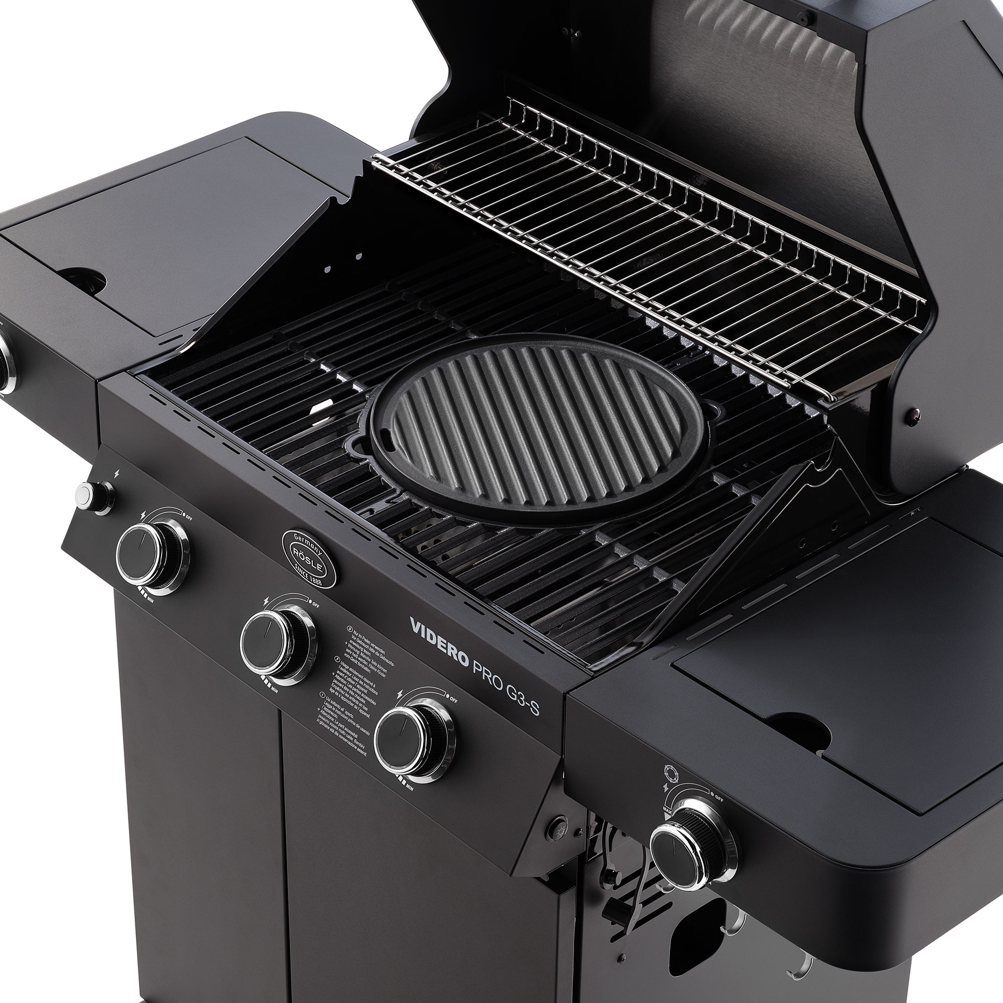 RÖSLE Gasgrill VIDERO PRO G3-S Gasgrill VIDERO PRO G3-S, schwarz, mit Grillrost und Grillplatte, drei Regler, offene Haube