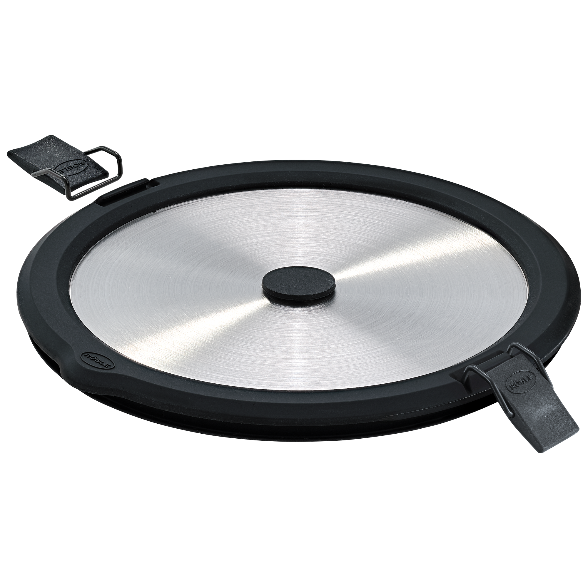 RÖSLE runder Edelstahldeckel runder Edelstahldeckel mit schwarzem Silikonrand, 1,4 Liter, mit zwei Halteklammern.
