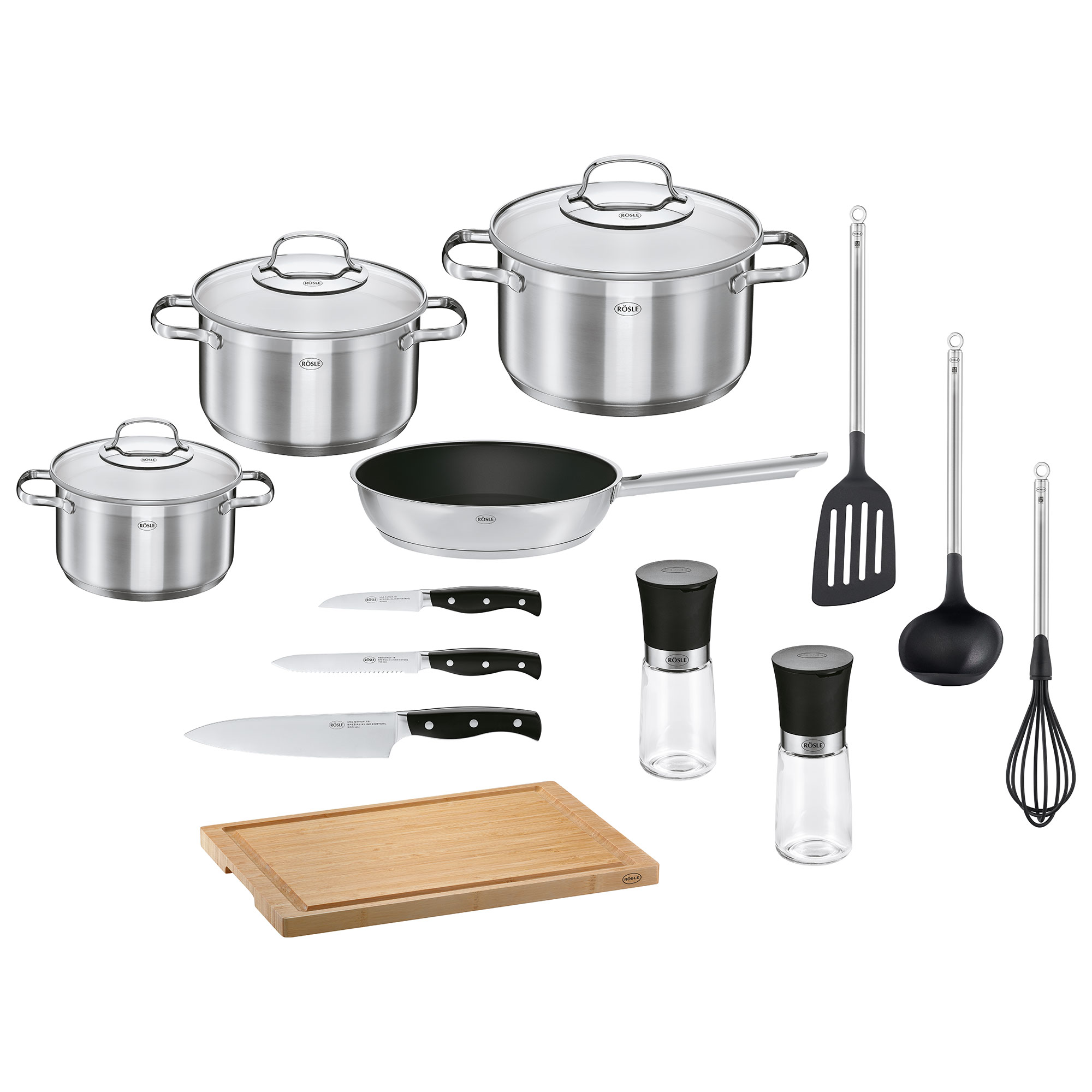 RÖSLE Gourmet-Set Elegance Gourmet-Set Elegance mit Edelstahl-Töpfen, Pfanne, Küchenutensilien und Schneidebrett aus...