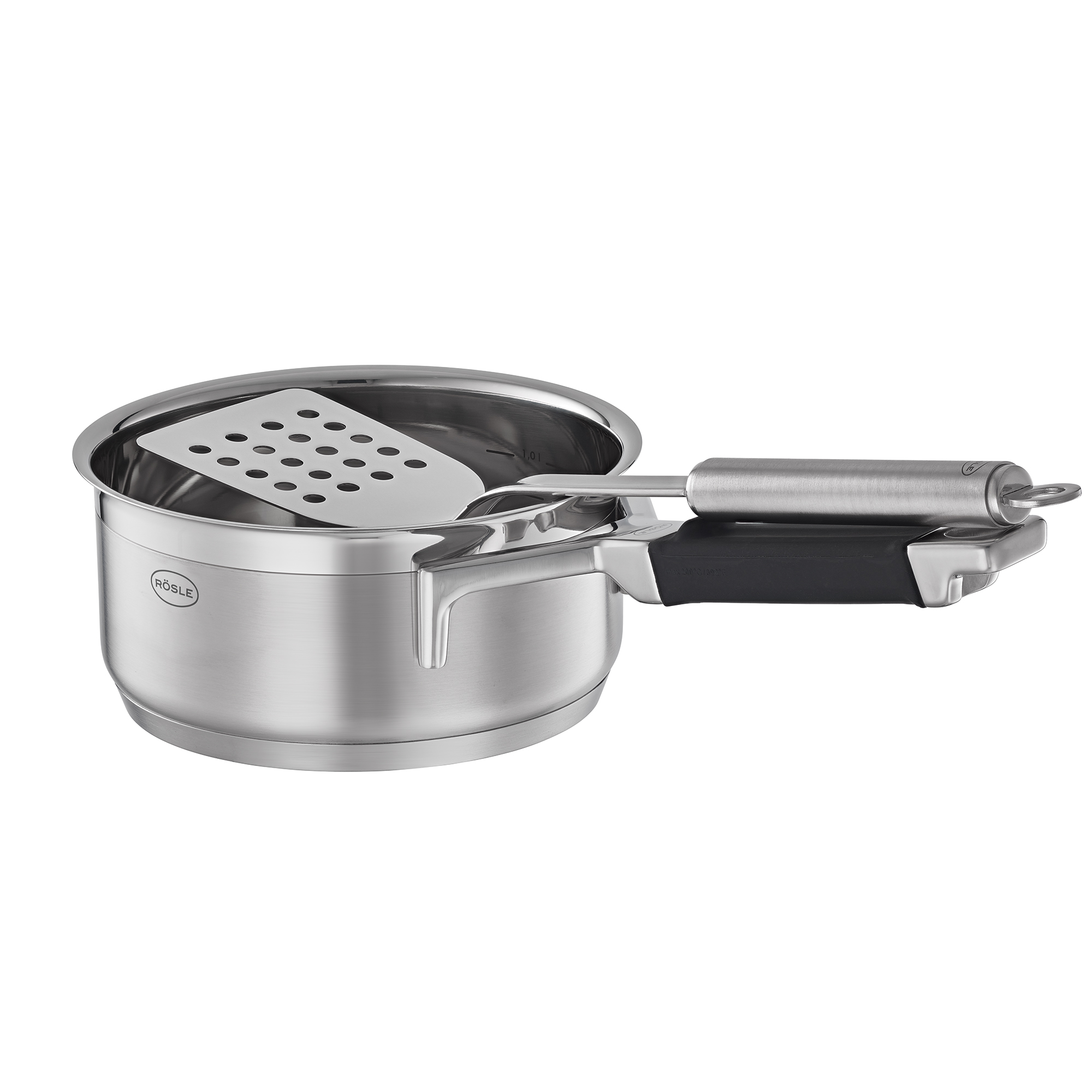 RÖSLE Stielkasserolle 16 cm Stielkasserolle, 16 cm, aus Edelstahl mit schwarzem Griff und Siebeinsatz.