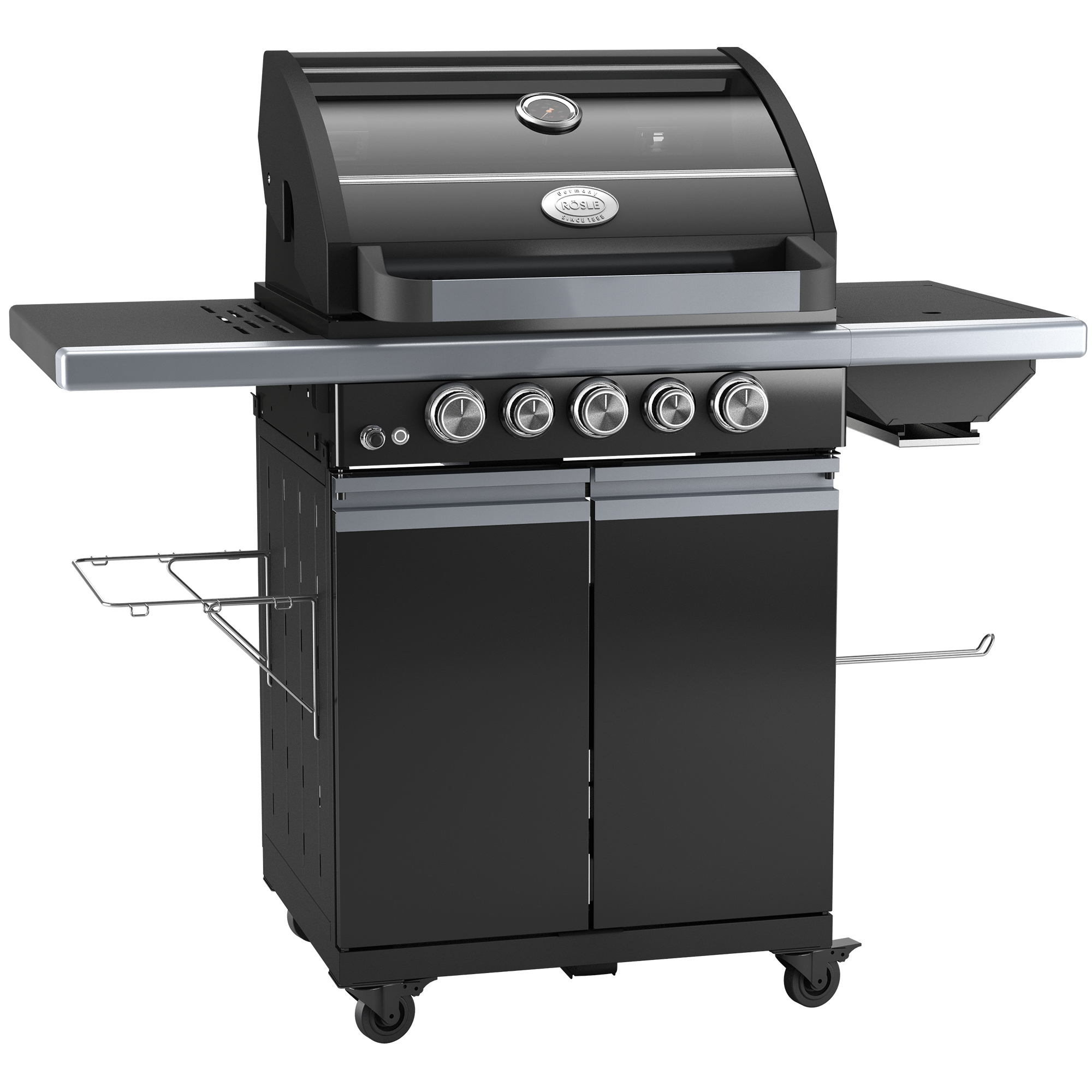 RÖSLE Gasgrill Magnum PRO G3 Gasgrill BBQ Station Magnum PRO G3, schwarz, mit vier Brennern und seitlichem Ablagetisch.