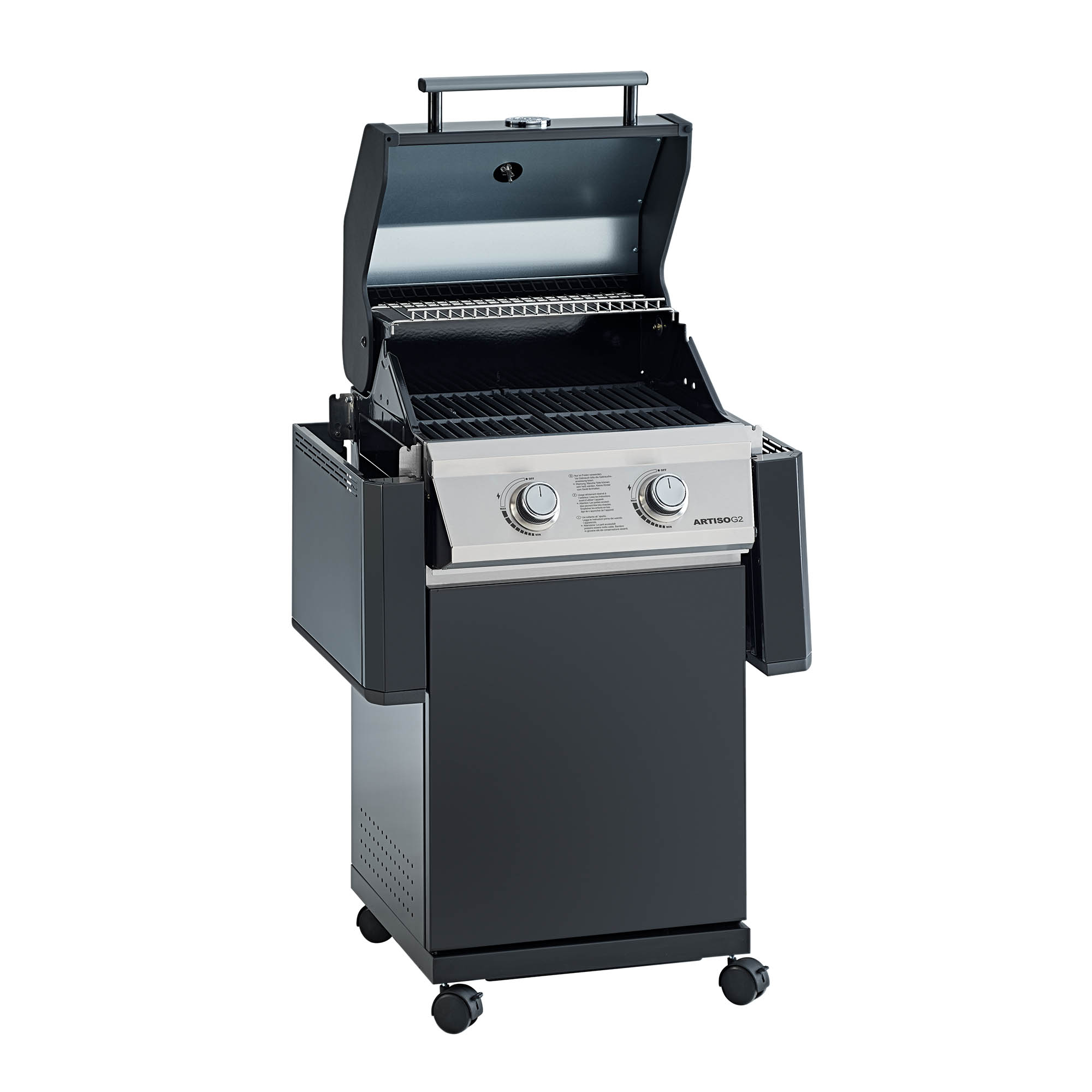 RÖSLE Gasgrill Artiso G2 Gasgrill BBQ Station Artiso G2 in Schwarz mit zwei Brennern und offenem Deckel.