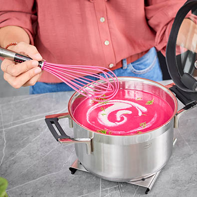 whisk pink charity Pink beetroot soup in Silence Pro 24cm saucepan is stirred with Pink Charity whisk