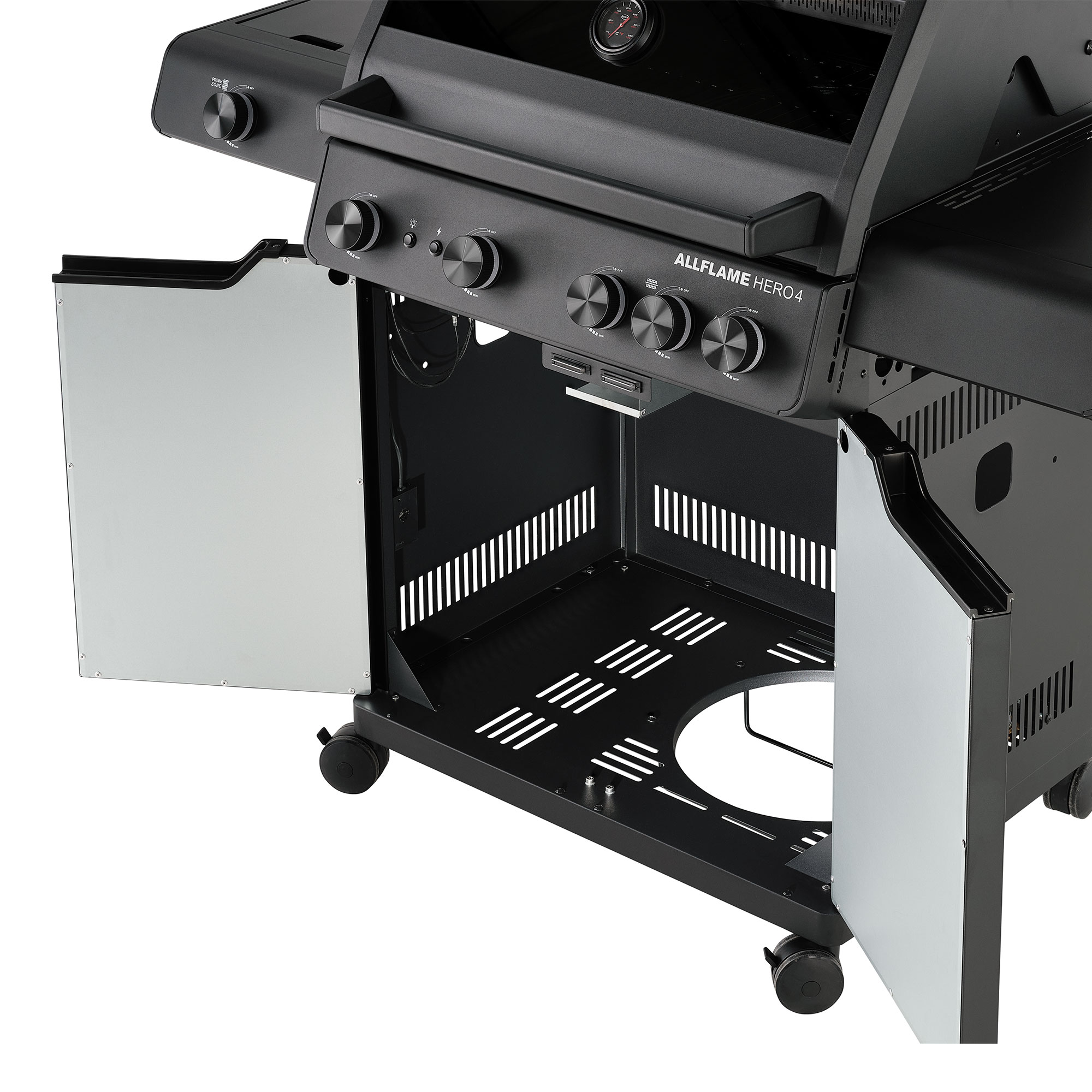 RÖSLE Allflame Hero4 Gasgrill Allflame Hero4 Gasgrill mit geöffneten Türen und Sicht auf das Innere