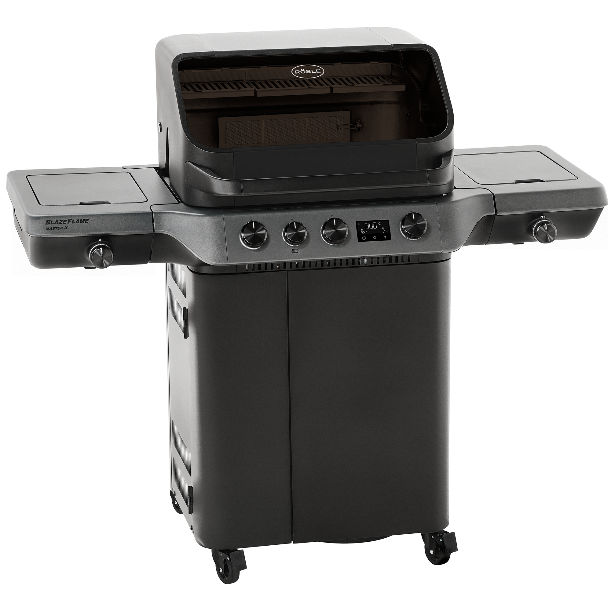 RÖSLE Blazeflame Master 3 Gasgrill Blazeflame Master 3 Gasgrill in Schwarz mit zwei seitlichen Ablageflächen und digitalen Steuerungen.