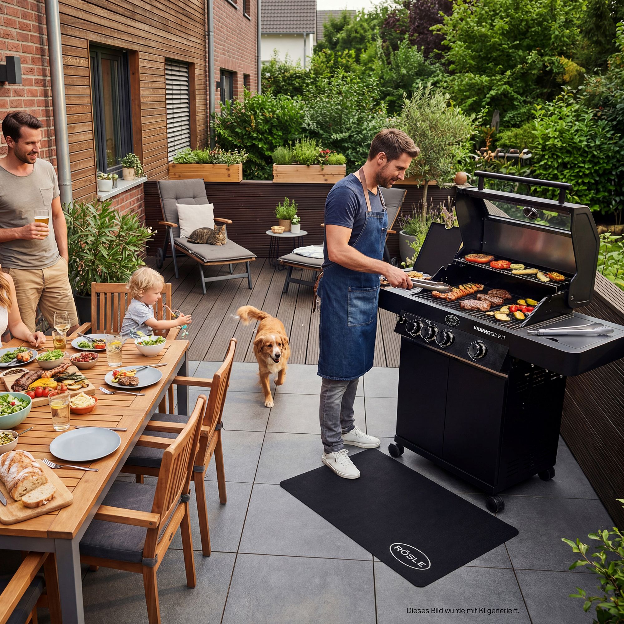 eine Familie grillt verschiedenes Fleisch und Gemüse auf dem VIDERO G3-PIT
