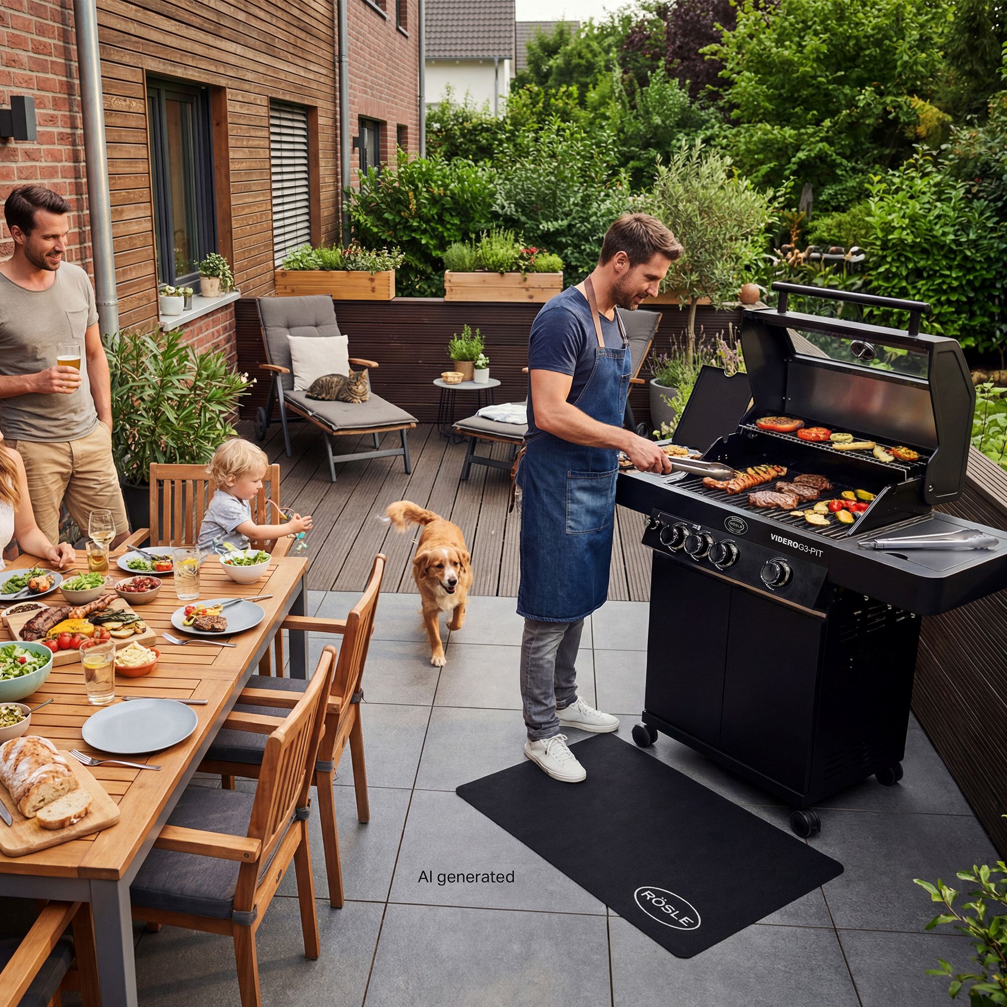 RÖSLE VIDERO G3-PIT eine Familie grillt verschiedenes Fleisch und Gemüse auf dem VIDERO G3-PIT