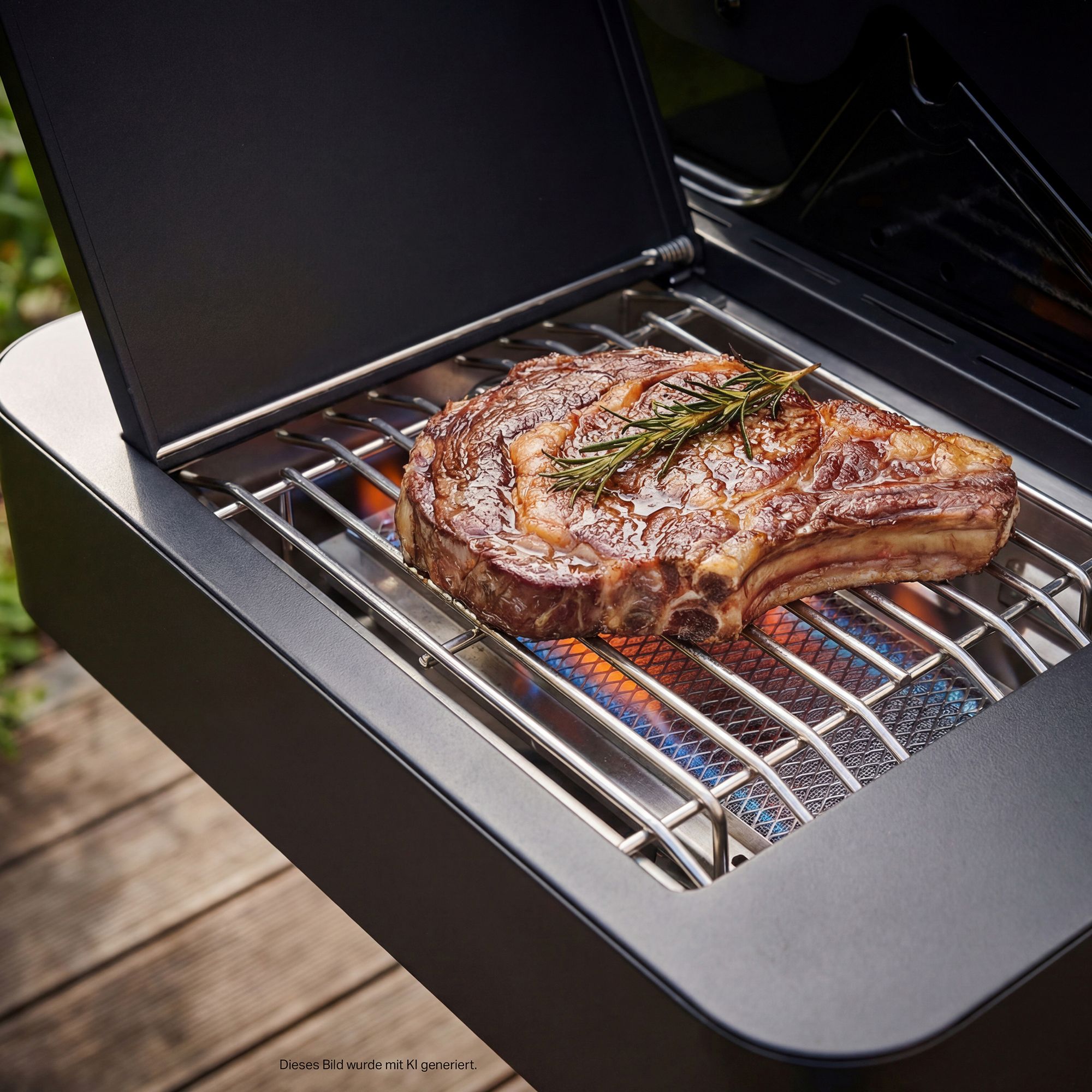 RÖSLE VIDERO PIT Nero eine Primezone auf der ein Stück Fleisch gegrillt wird
