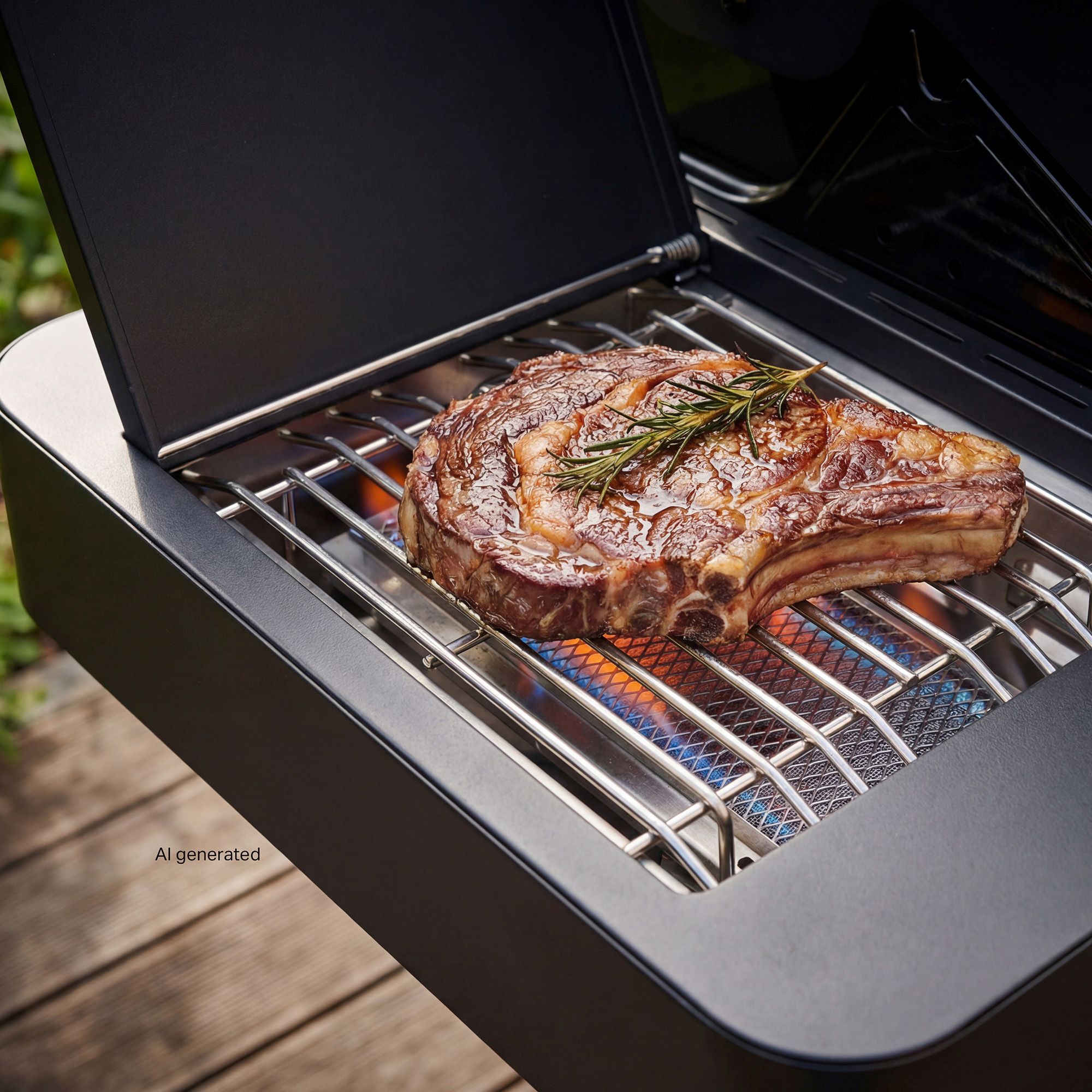RÖSLE VIDERO PIT Nero eine Primezone auf der ein Stück Fleisch gegrillt wird