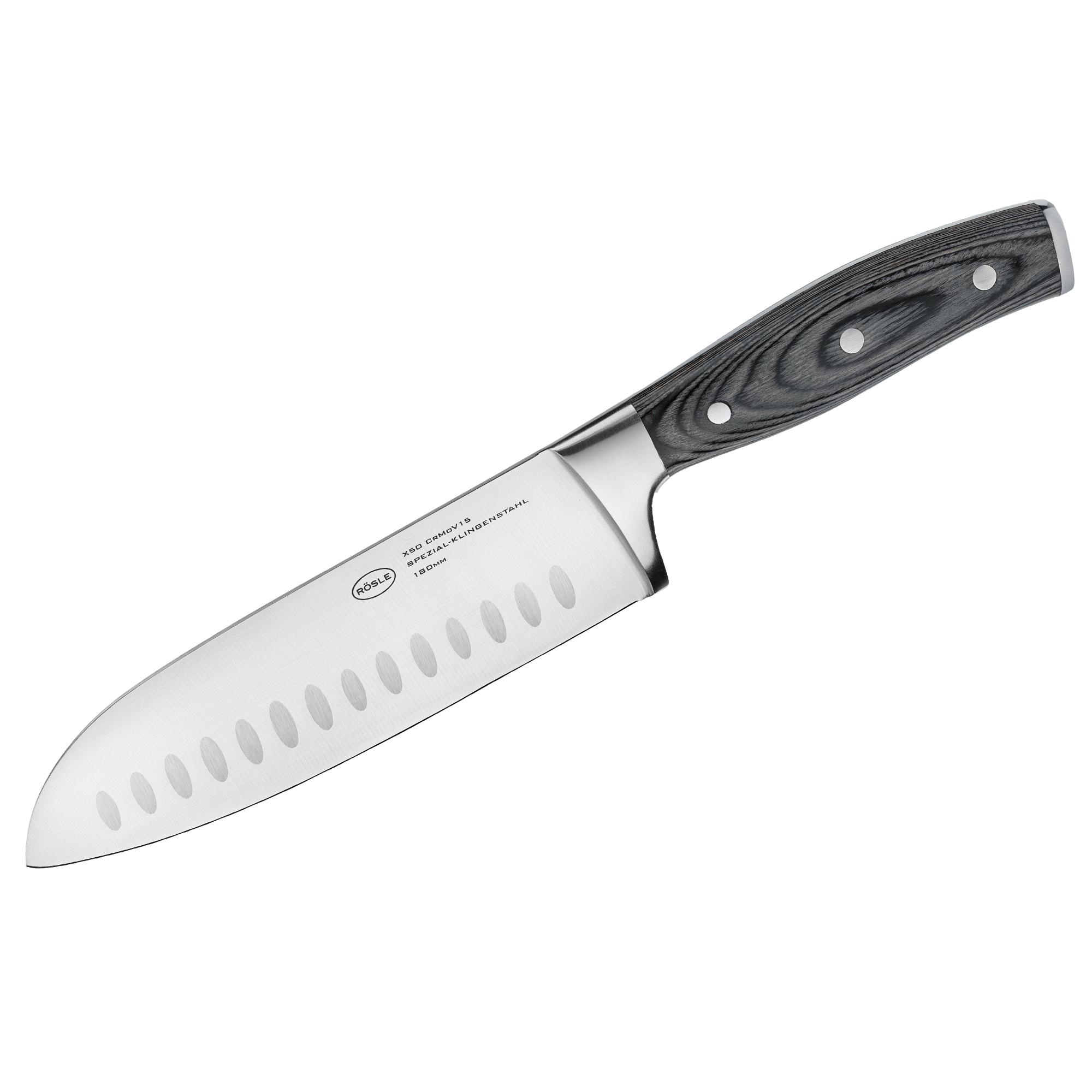 RÖSLE Santokumesser Wolfgrey Santokumesser in Wolfgrey mit geschwungenem Griff und Klingenlöchern zur Reduzierung der Haftung.