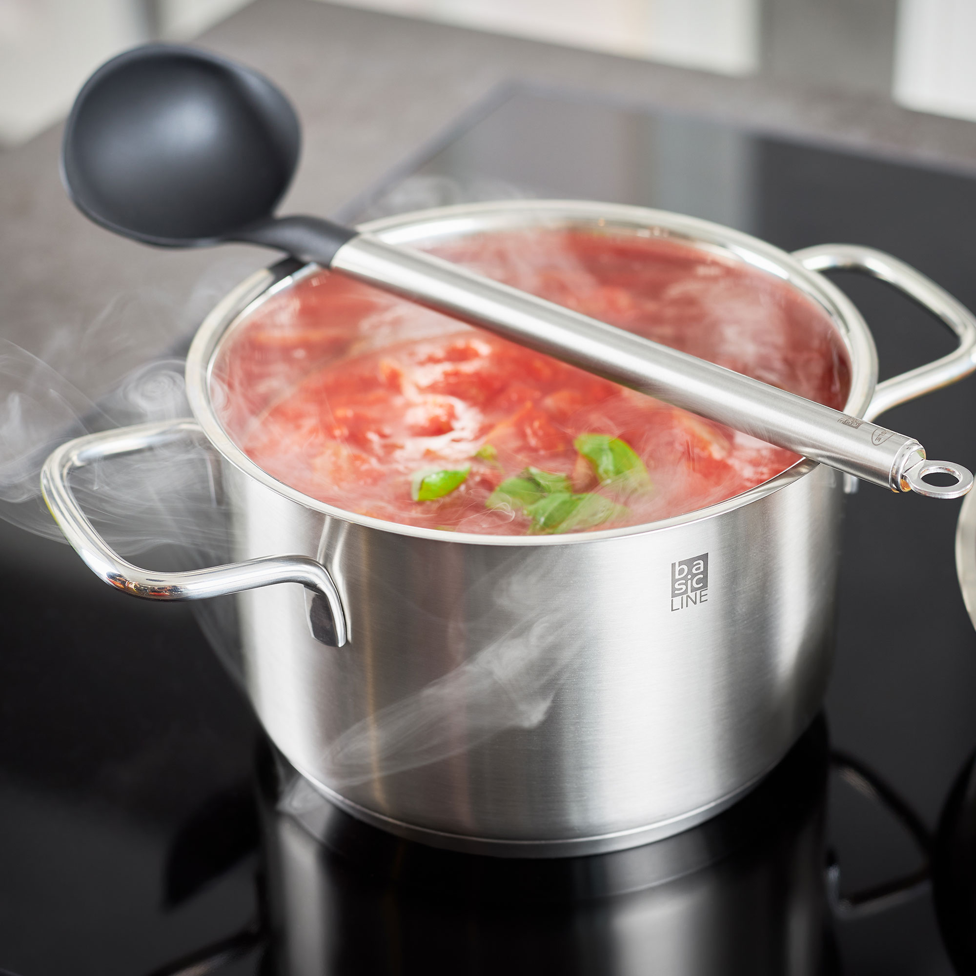 Gourmet-Set mit einem großen Topf aus Edelstahl, gefüllt mit Tomatensoße und frischen Kräutern, auf einem Herd.