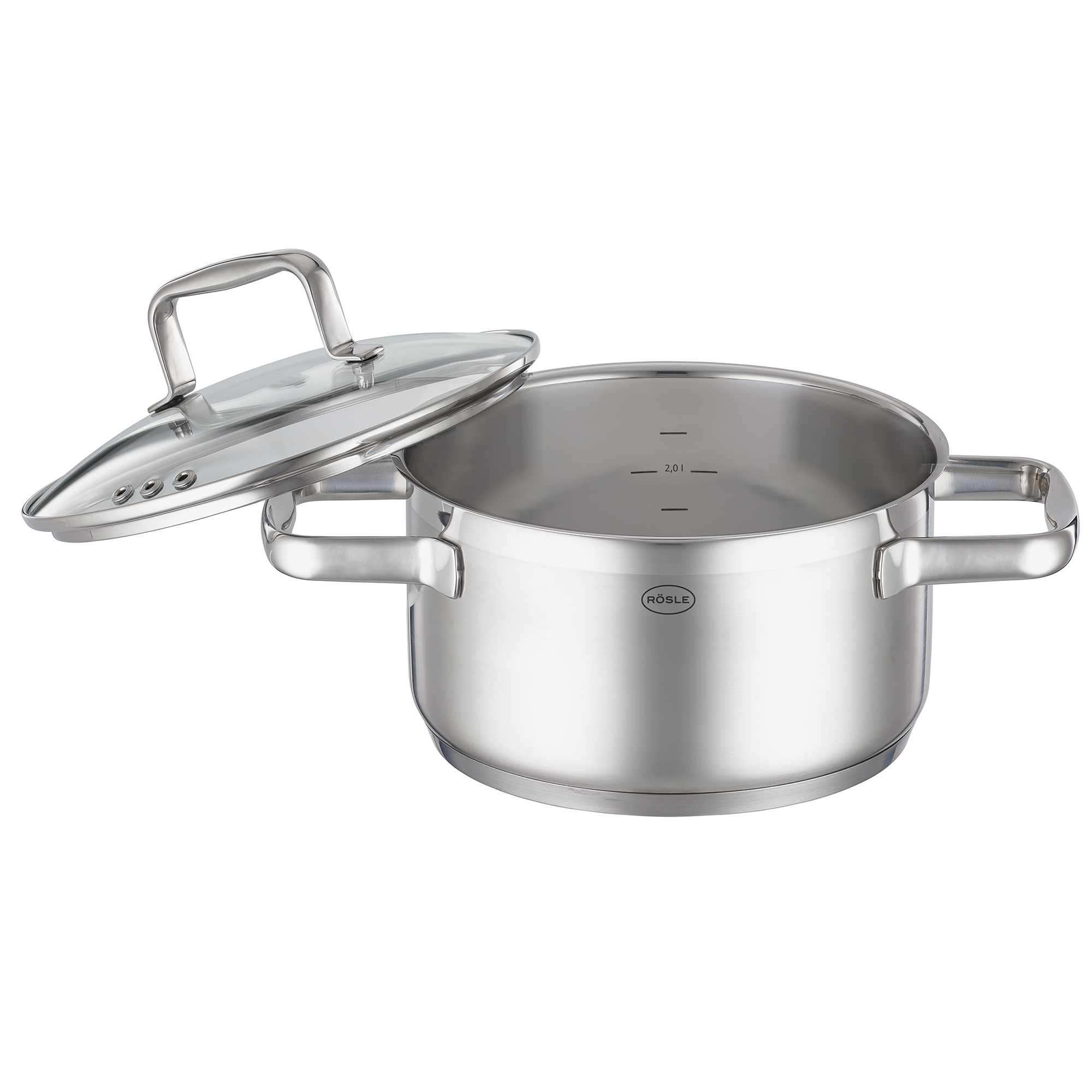 Stainless steel saucepan with lid, 20 cm diameter, two handles, inside with measuring scale.