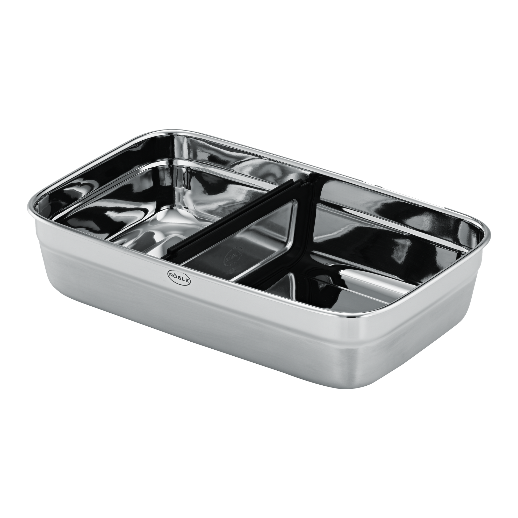 RÖSLE Trennsteg Flexx2go 1l Trennsteg Flexx2go, rechteckige Edelstahlbehälter mit drei Fächern, glänzende Oberfläche.