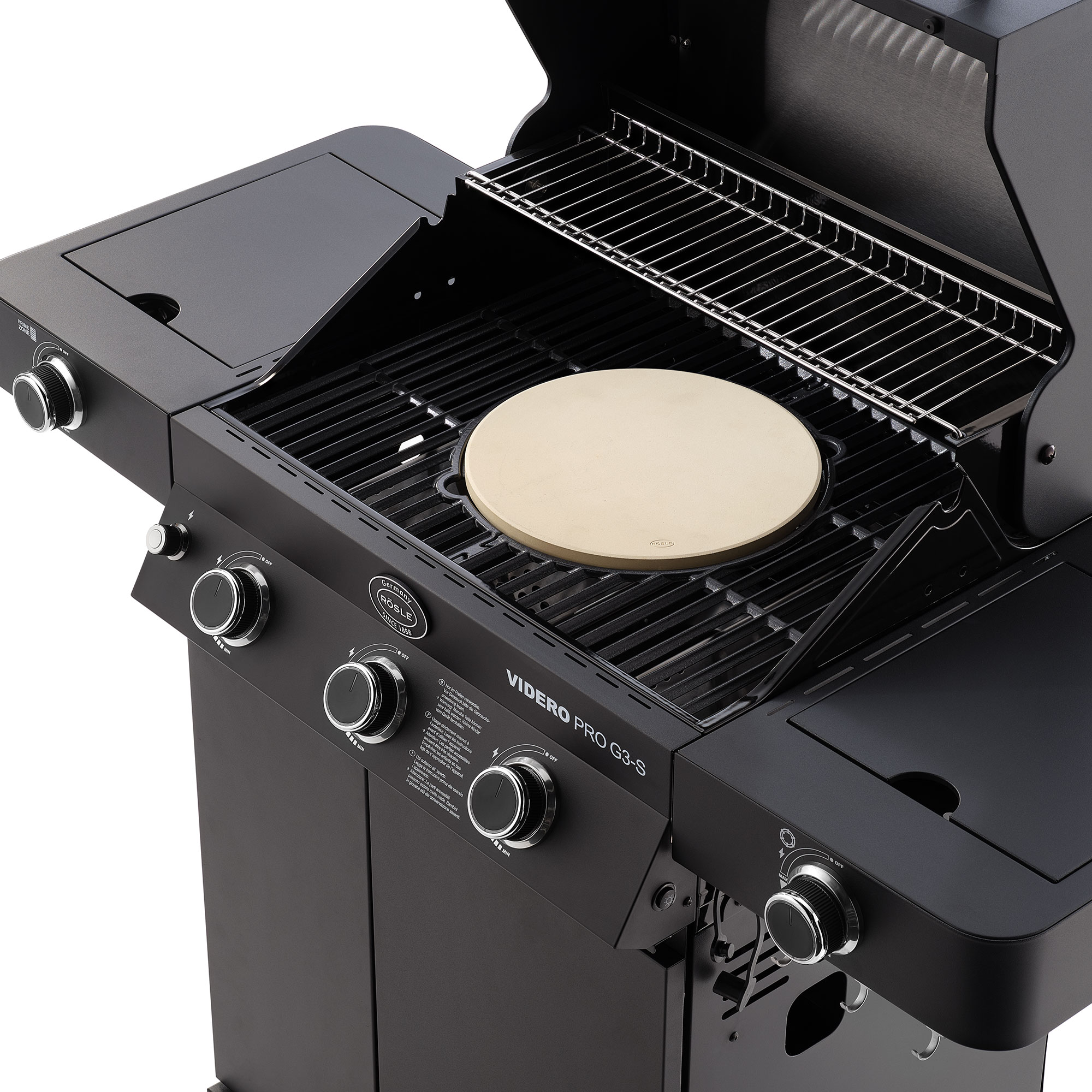 RÖSLE Gasgrill Videro G3-S PRO Gasgrill Videro G3-S PRO mit Grillrost und Pizzastein, schwarz, aus Edelstahl.