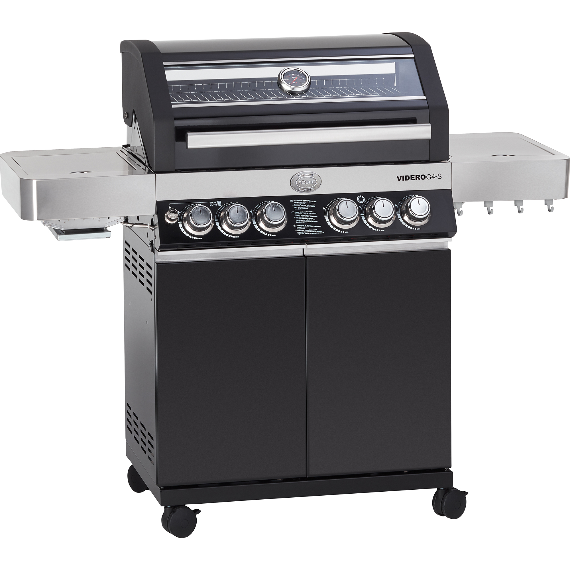 RÖSLE Gasgrill Videro G4-S Gasgrill Videro G4-S in Schwarz mit Edelstahl-Oberfläche, vier Brennern und seitlichen Ablageflächen.