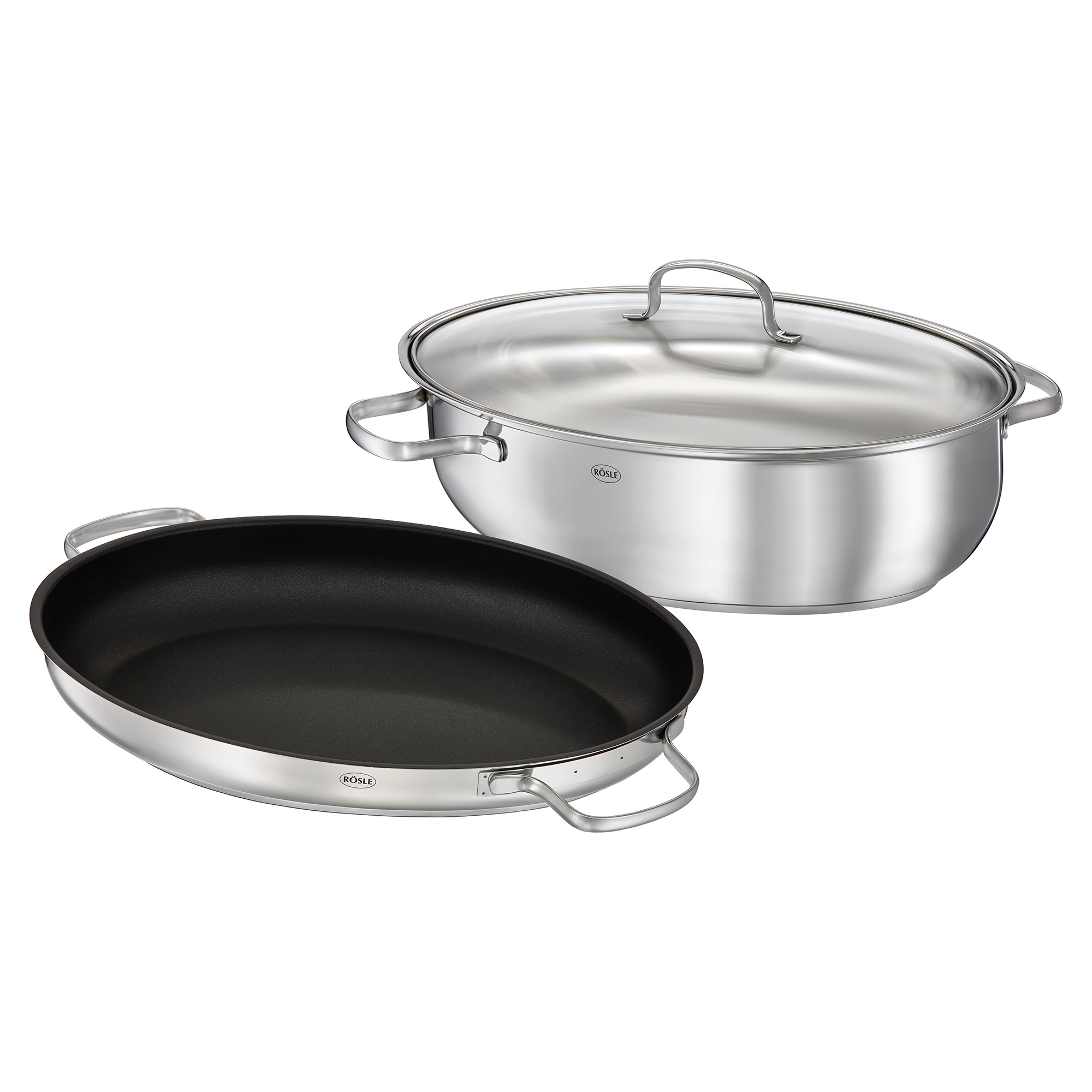 ovaler Bräter aus Edelstahl mit Gourmetpfanne, glänzende Oberfläche, zwei Griffe, Deckel.