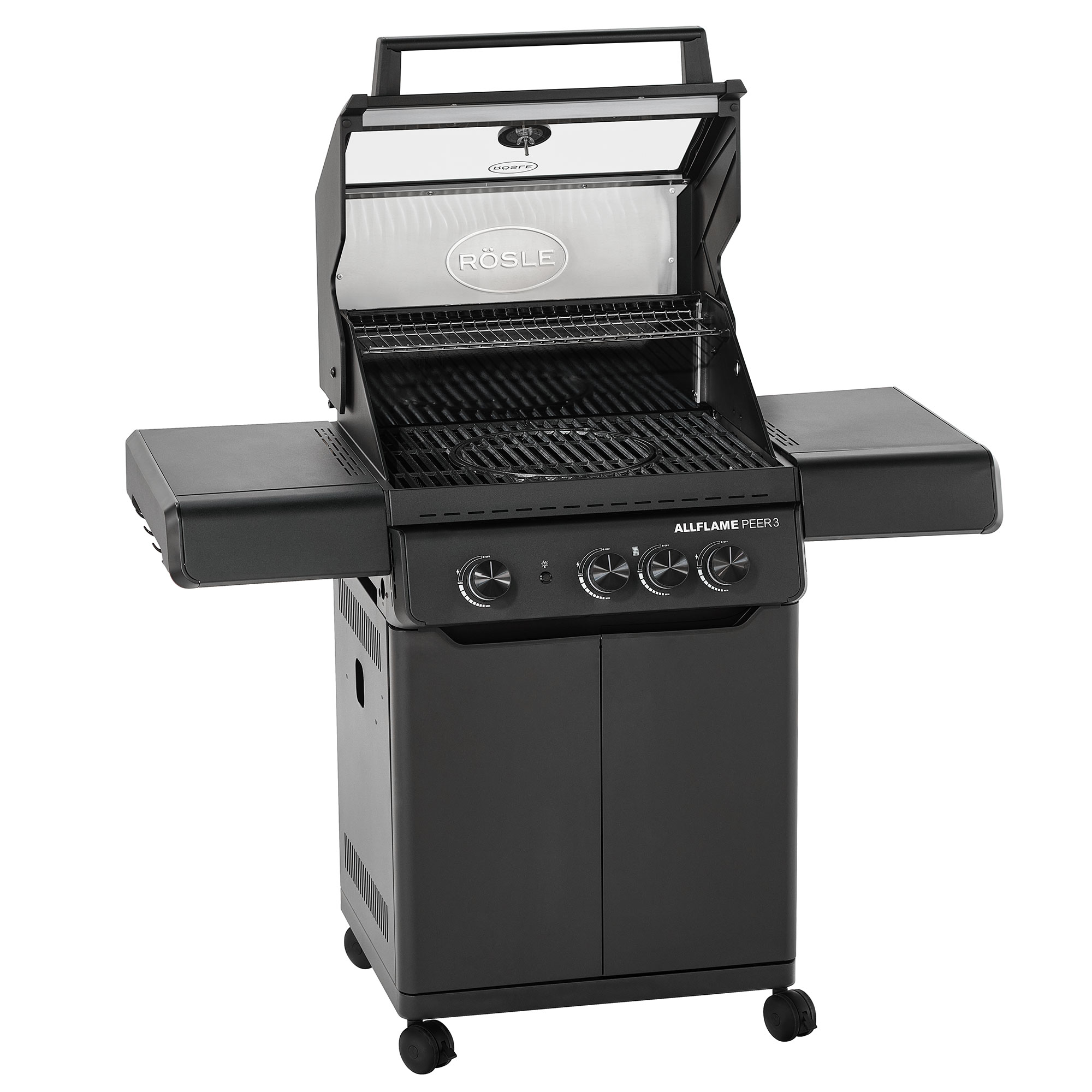 RÖSLE Allflame Peer3 Gasgrill Allflame Peer3 Gasgrill in Schwarz mit zwei seitlichen Ablageflächen und drei Reglern.