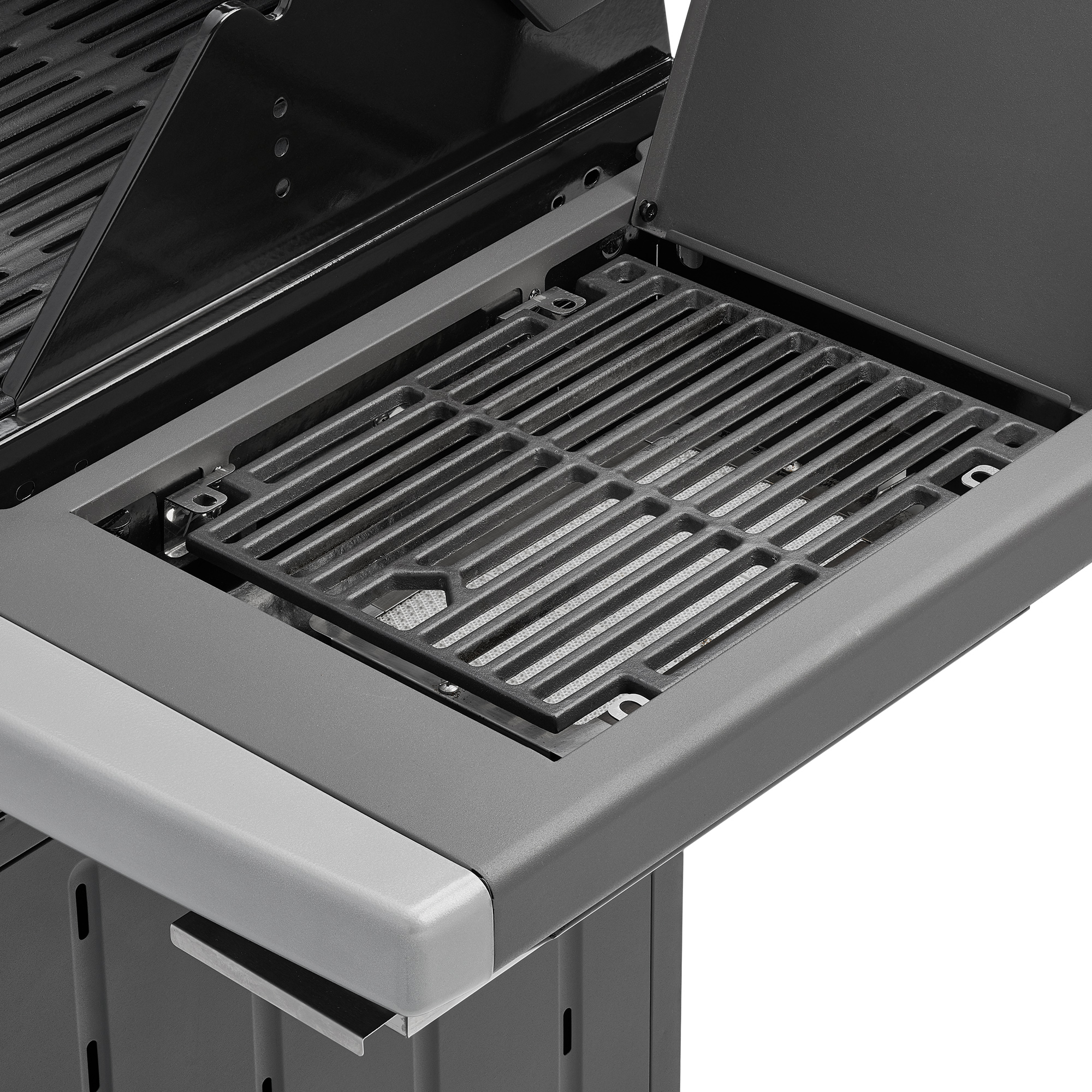 Detailansicht der Grillfläche des RÖSLE Gasgrills Gasgrill BBQ Station Magnum PRO G4, Grillfläche aus Gusseisen, grau, mit abnehmbarem Rost.