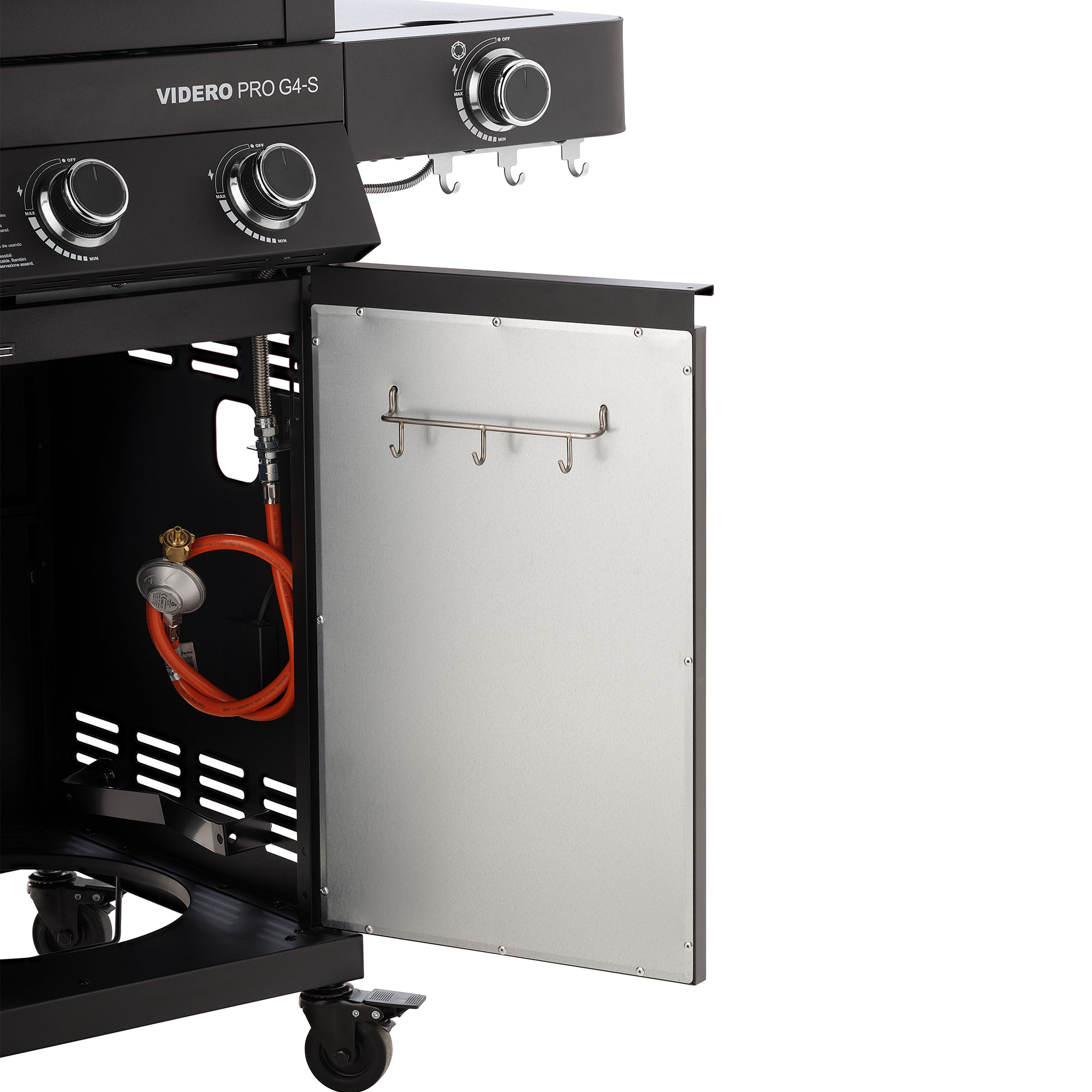 RÖSLE Gasgrill VIDERO PRO G4-S Unterschrank Gasgrill VIDERO PRO G4-S mit geöffnetem Unterschrank und Gasanschluss.