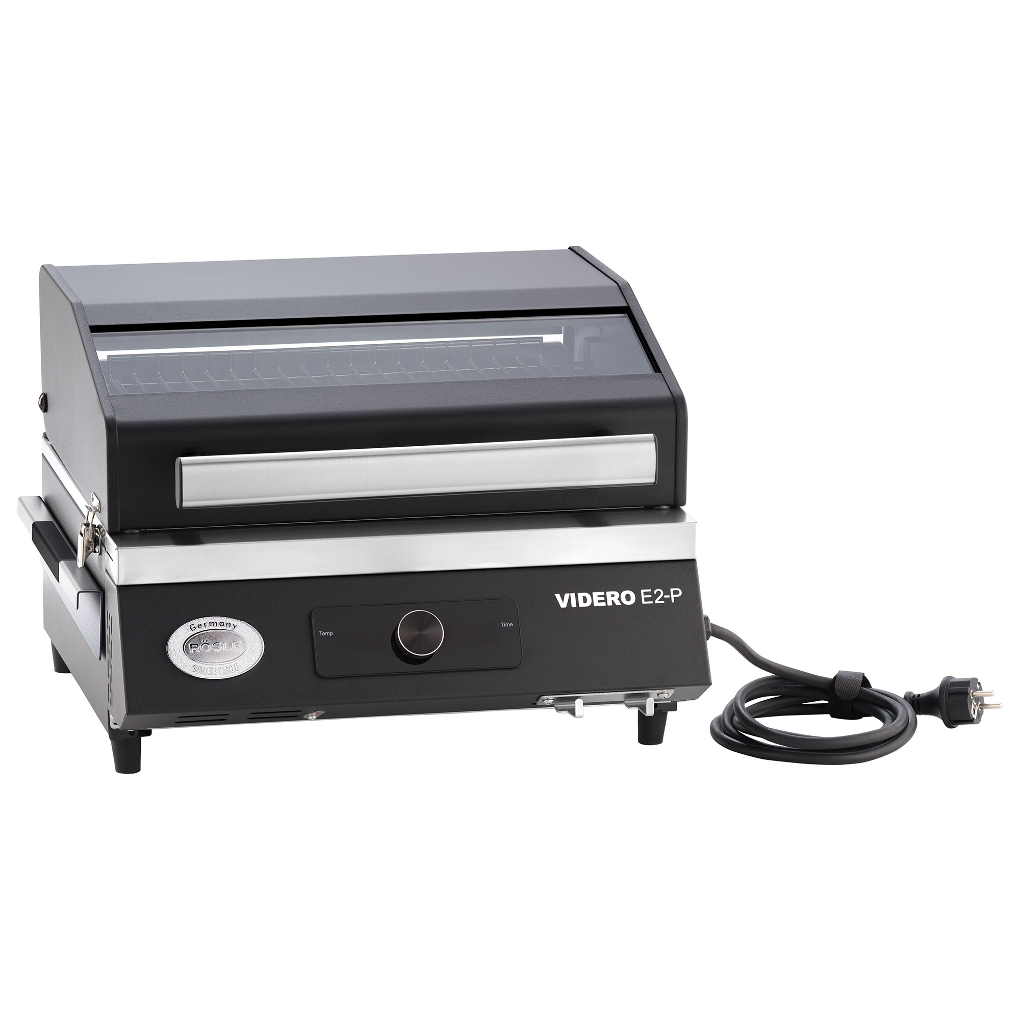 RÖSLE Elektrogrill Videro E2-P Elektrogrill Videro E2-P, kompakte Bauweise, schwarz und silber, mit Steuerknopf und Stromkabel.